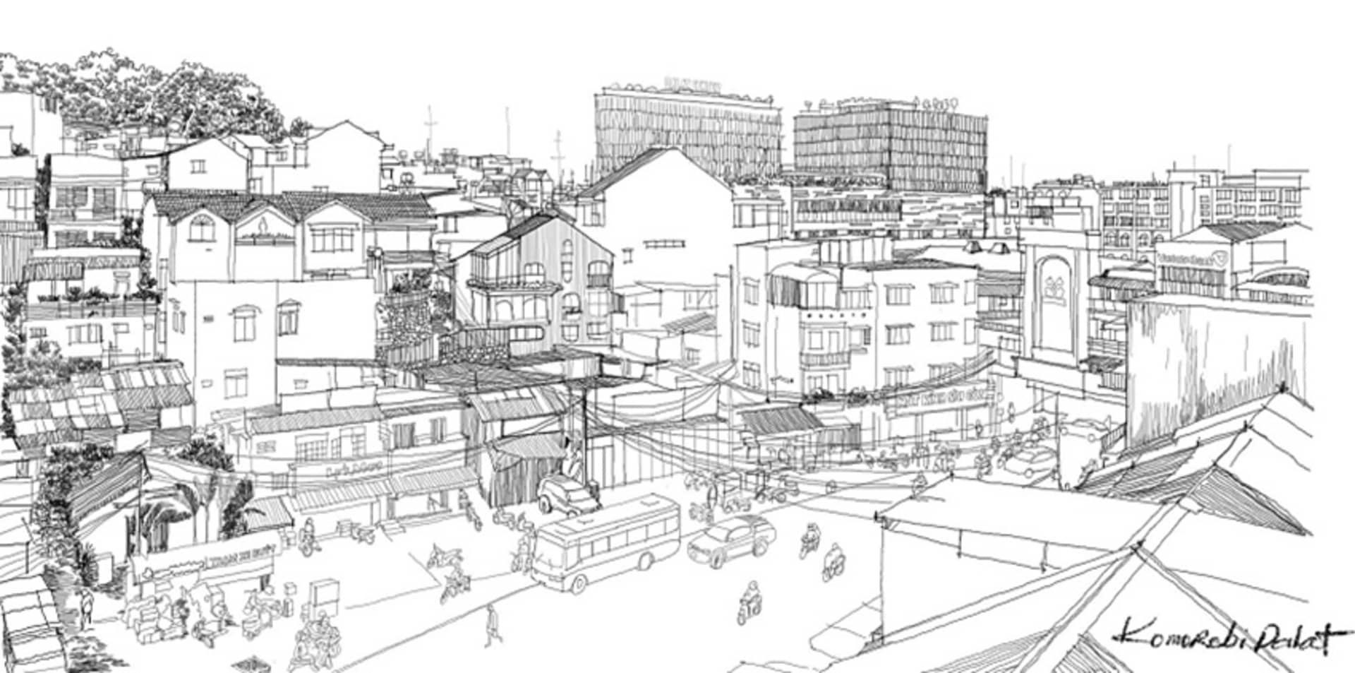 Hand-drawn sketch of an urban street view in paper