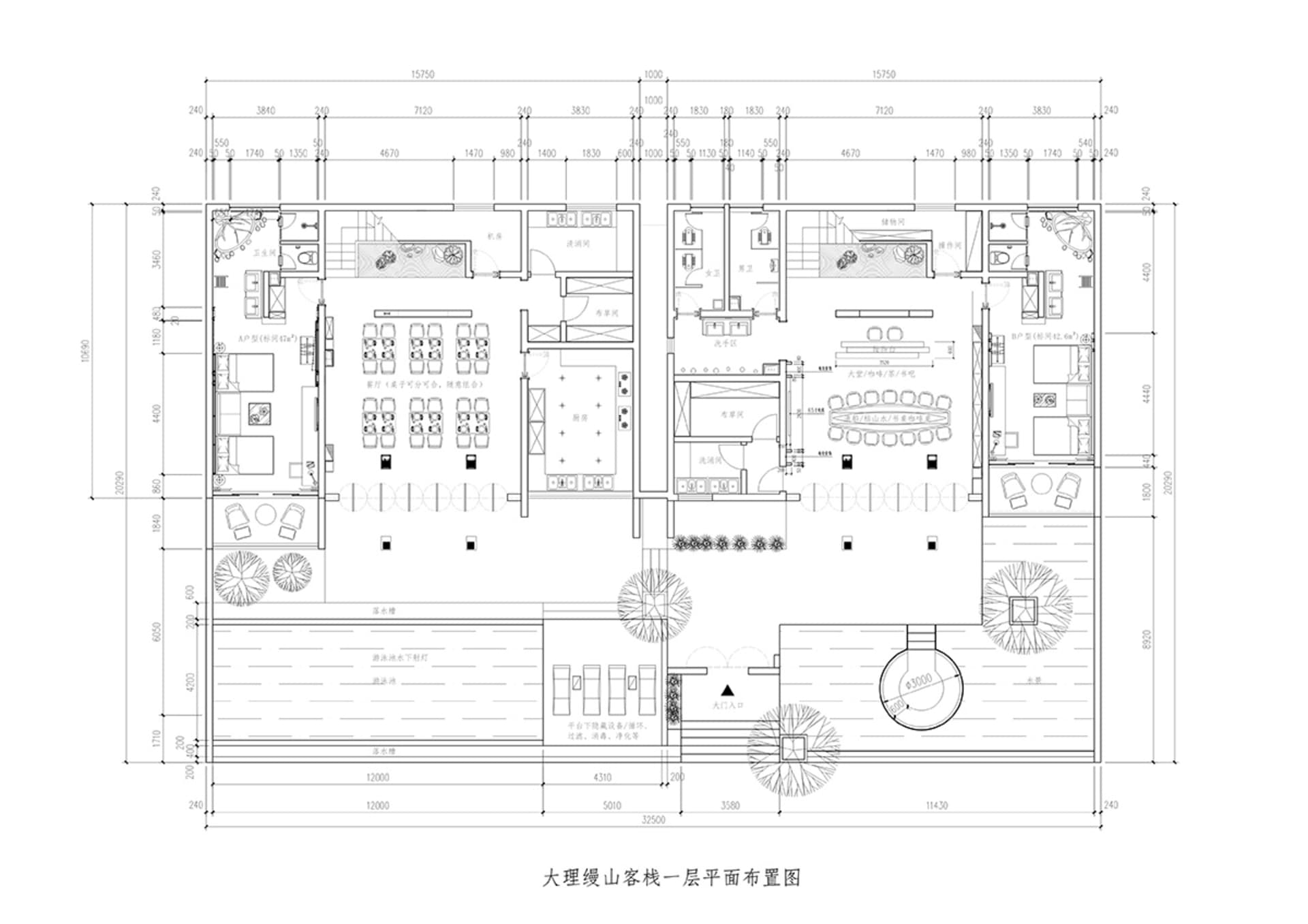 度假村Spa的2D建築平面圖,展示各式房間與功能區域。