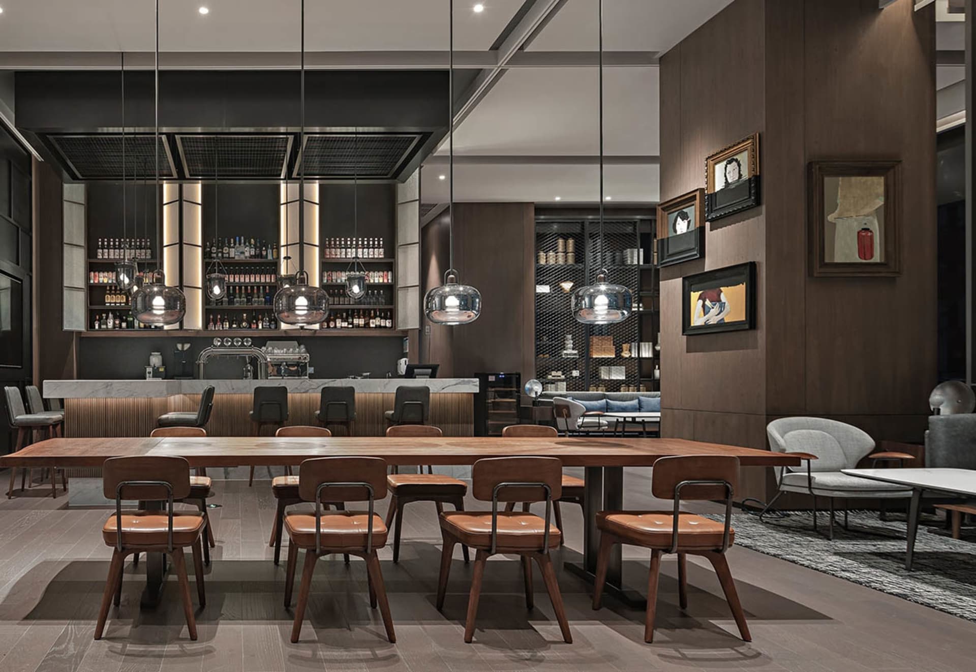 A modern coffee shop with wooden tables, glass shelves, and metal accents.