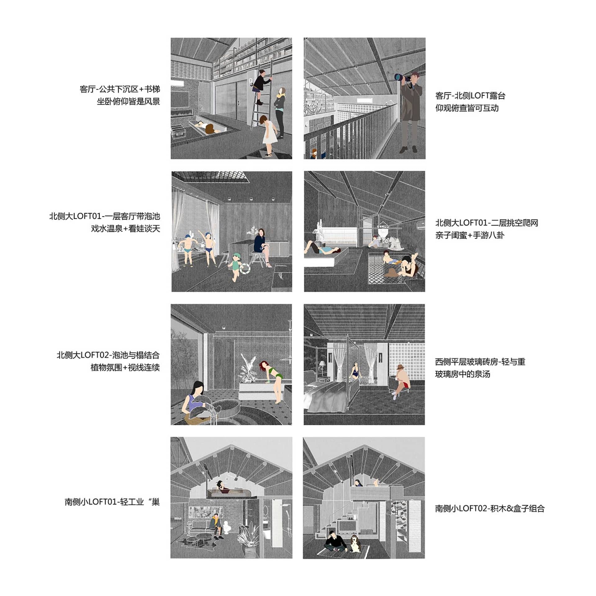 各種住宅空間的插圖,包括客廳、臥室和廚房,展示不同設計風格