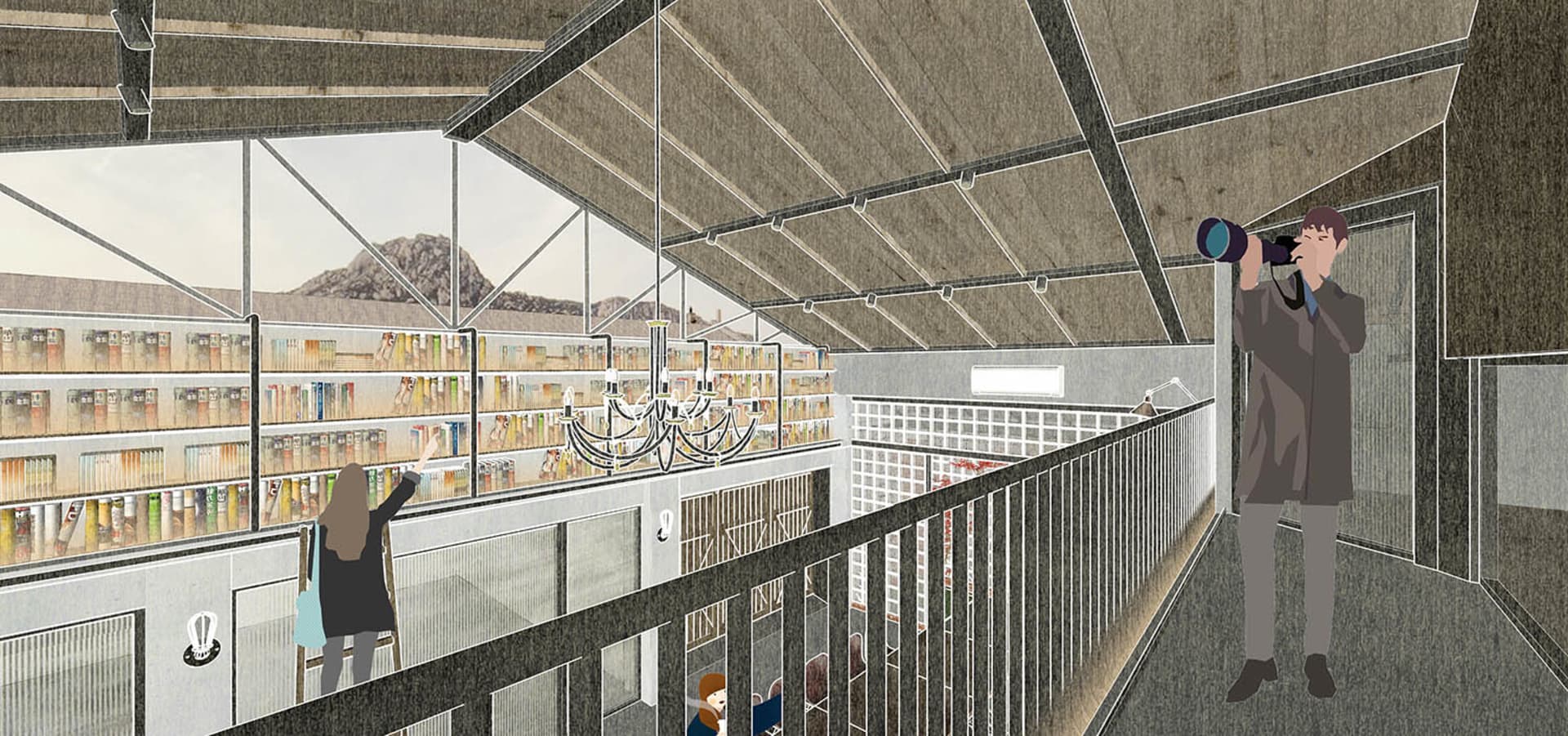 A spacious library area with steel railings and glass walls, photographed in a perspective view.