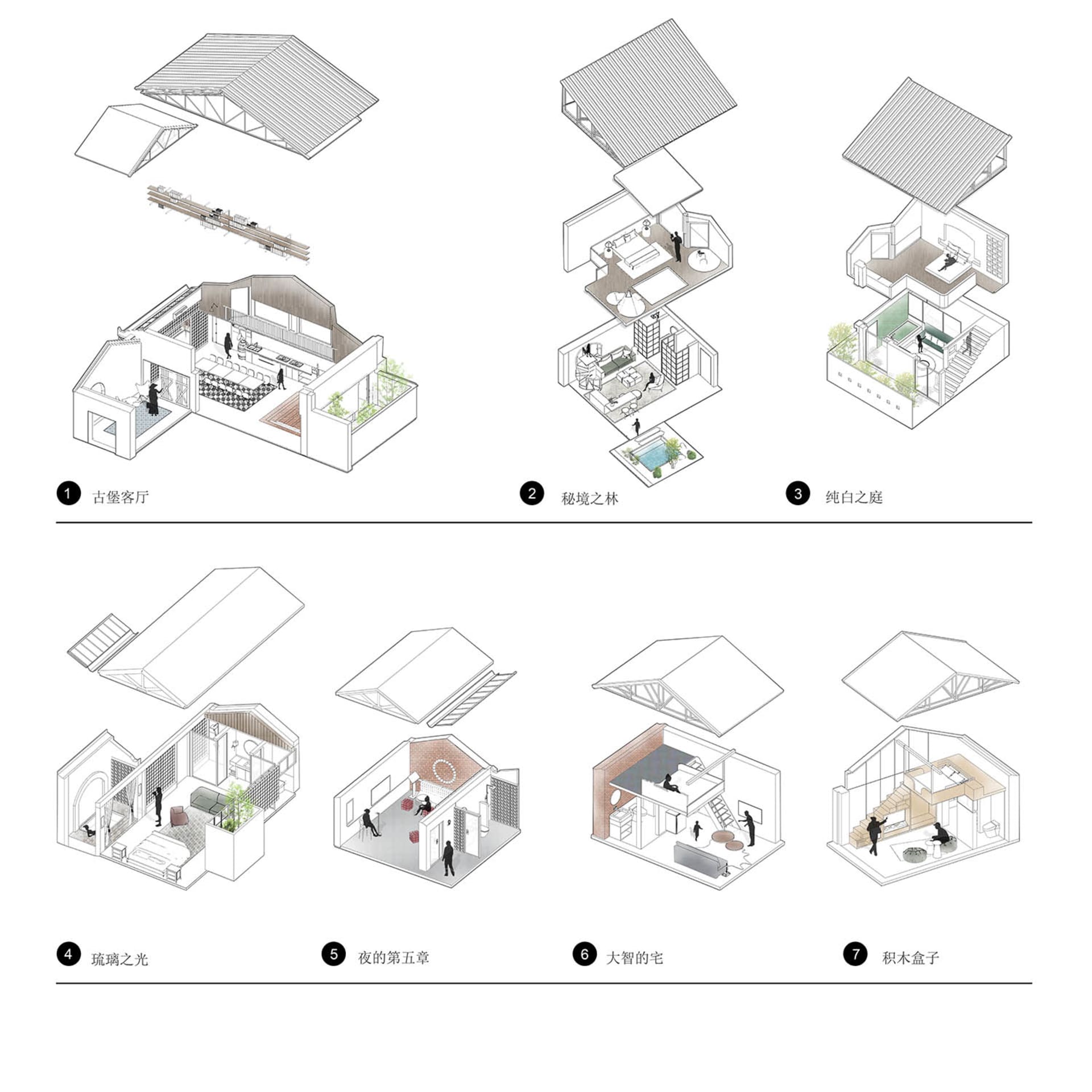 屋內各個房間的室內設計，包括客房、餐廳、客廳與廚房，展示不同的設計風格