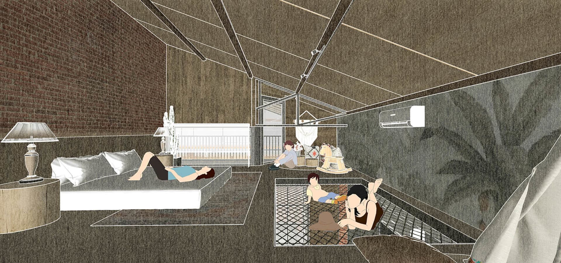A modern industrial loft space with brick walls and concrete floors showing a living area with a bed, couch, and seating area