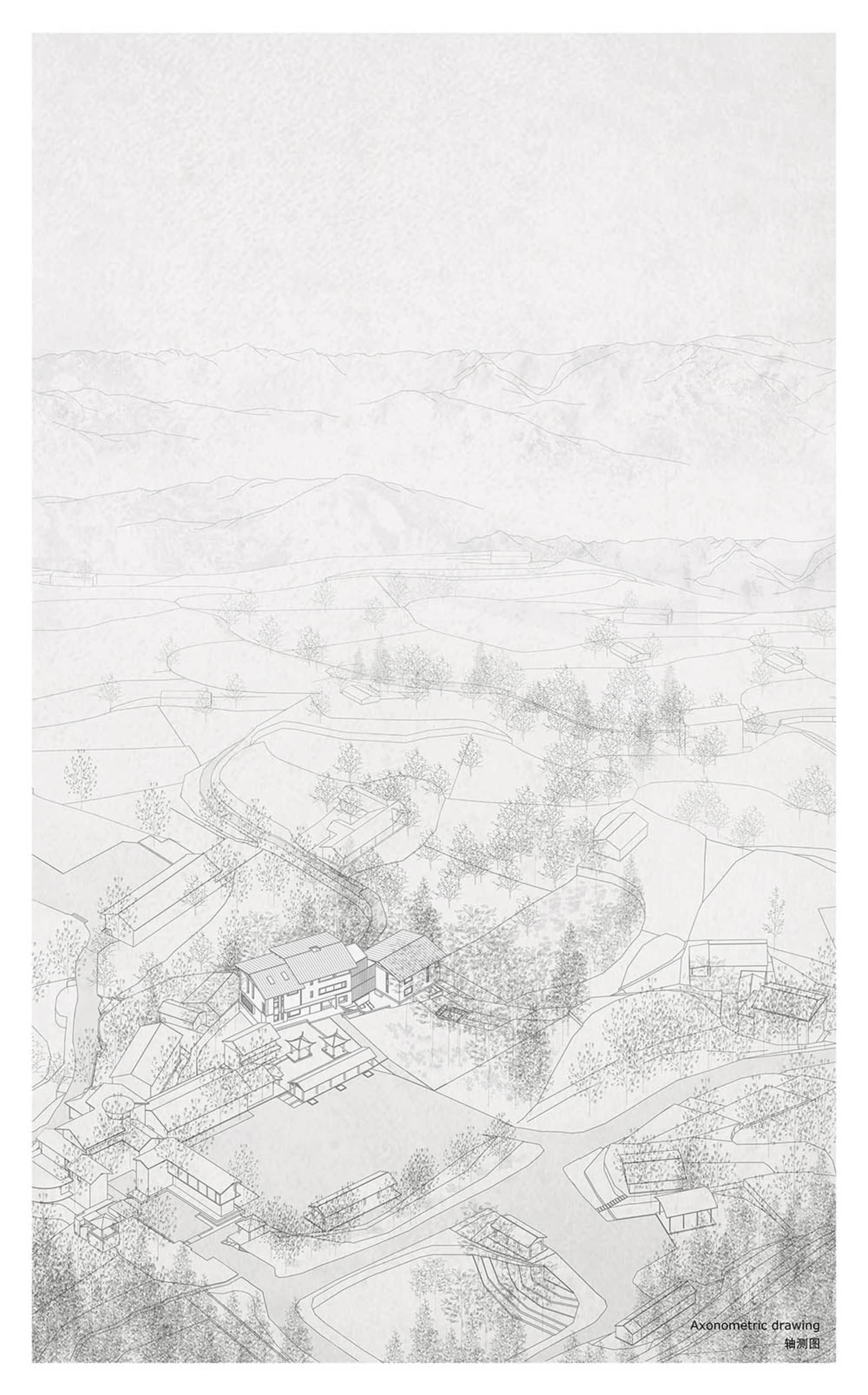Landscape design depicted on paper, including mountains, trees, and buildings.