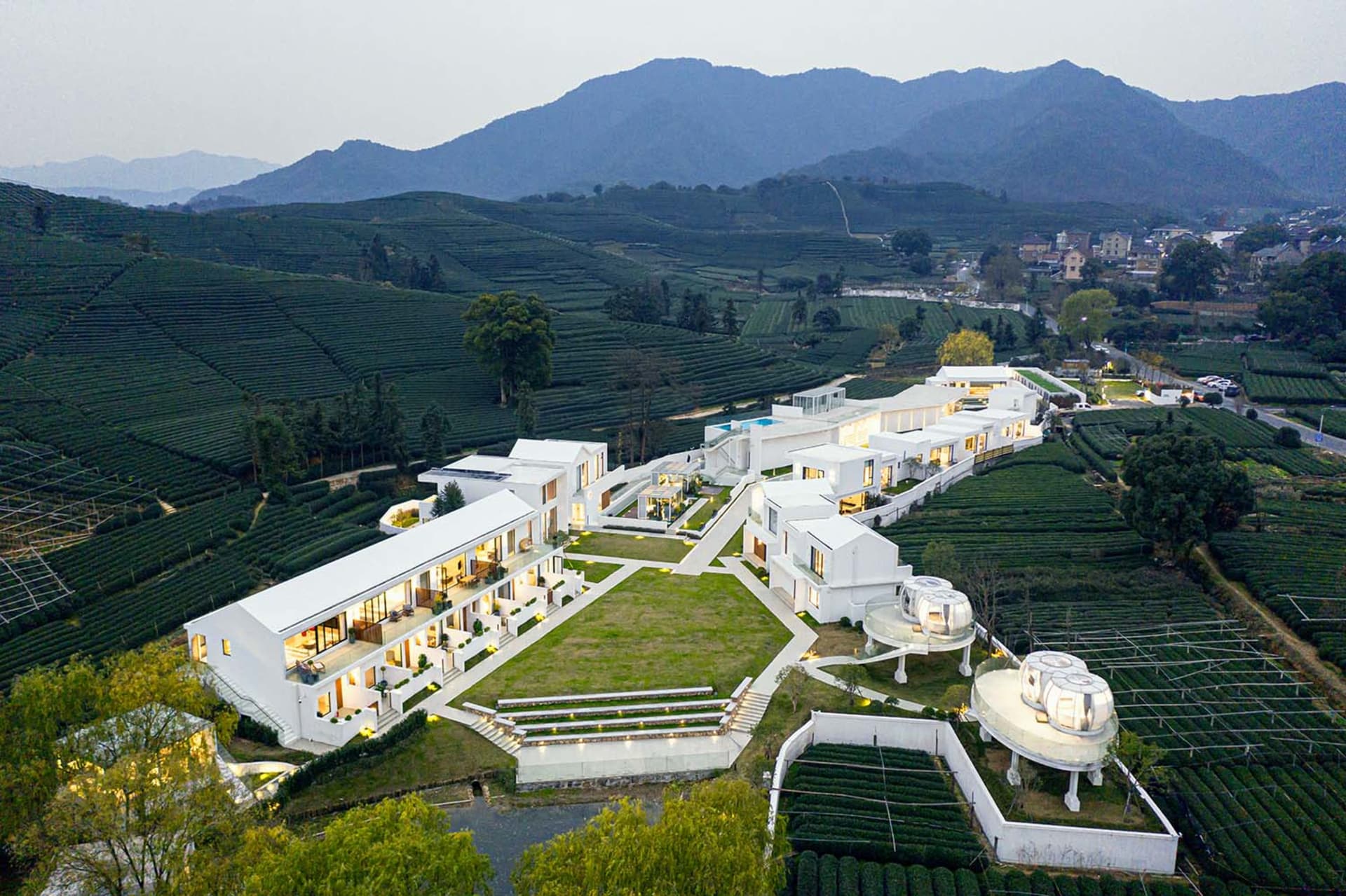 俯瞰現代住宅白色房屋,周圍環繞綠色茶園與山巒。