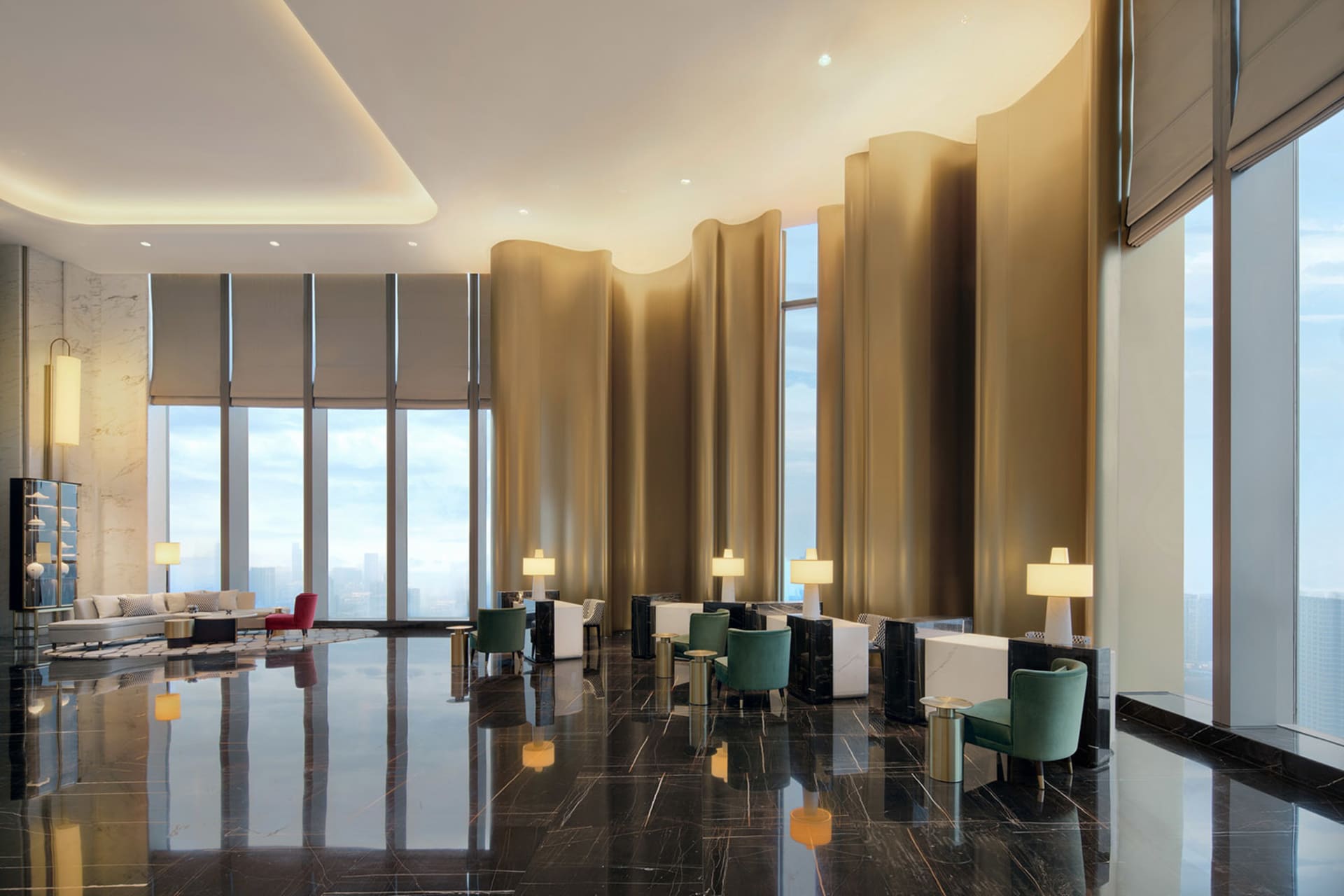 Modern lobby with marble flooring and contemporary furniture.