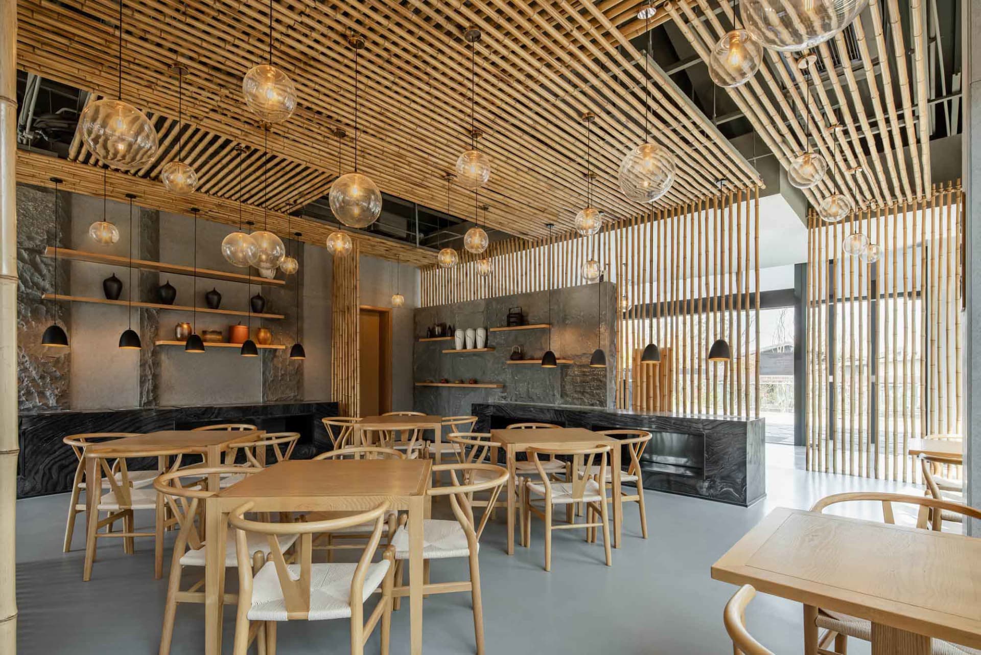 Bamboo and marble interior design of a modern restaurant