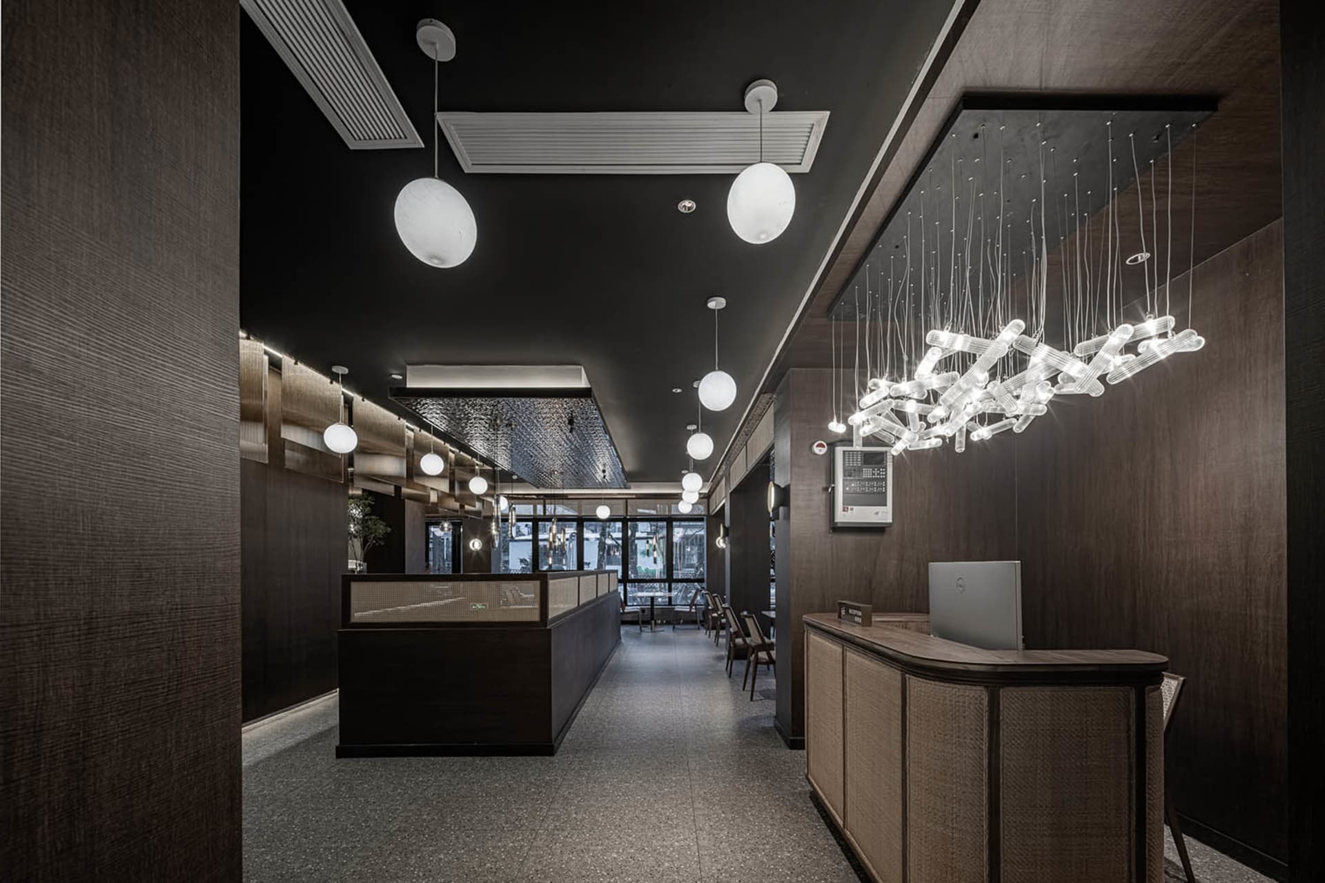 A modern office with wooden finishes, featuring clean lines and contemporary design elements.