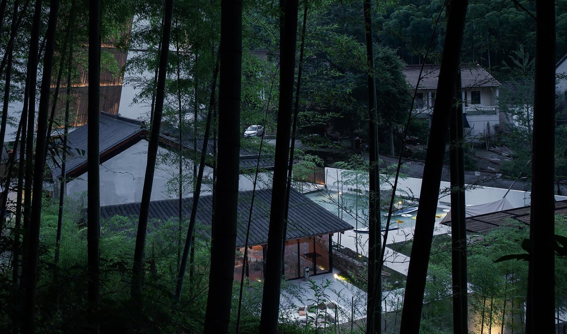 現代住宅隱藏於森林中,搭配醒目的竹子與燈光設計。