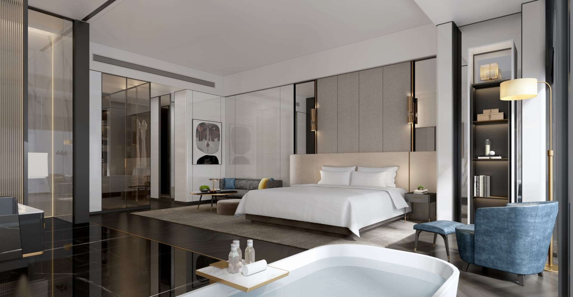 A modern bedroom featuring textured materials and contemporary design elements.