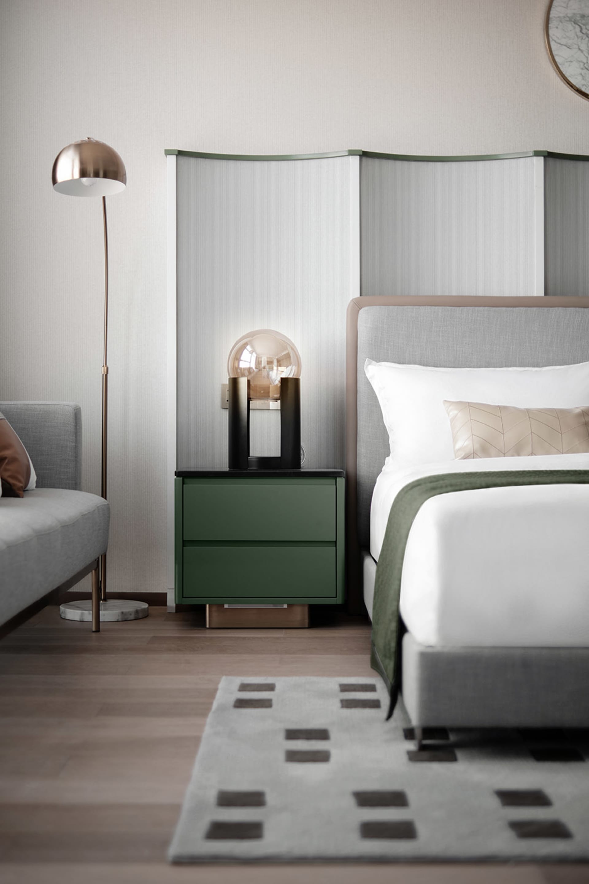 Minimalist bedroom featuring a upholstered bed with a green headboard, a matching nightstand with a globe lamp, and a texture