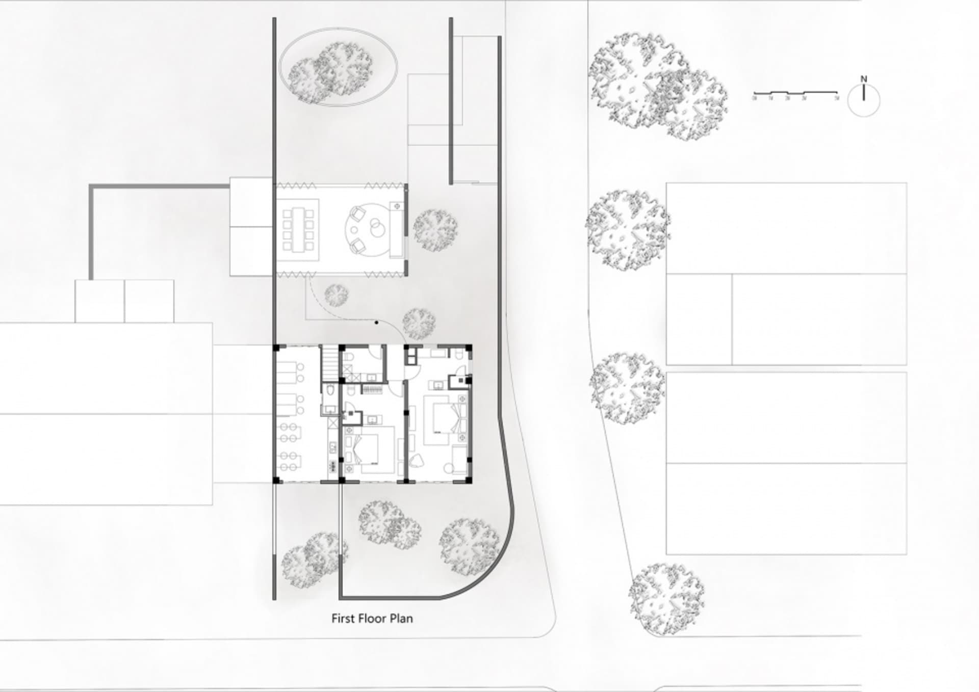 Floor plan of a modern contemporary living room with a wood floor, single-story layout, and a centrally located fireplace.