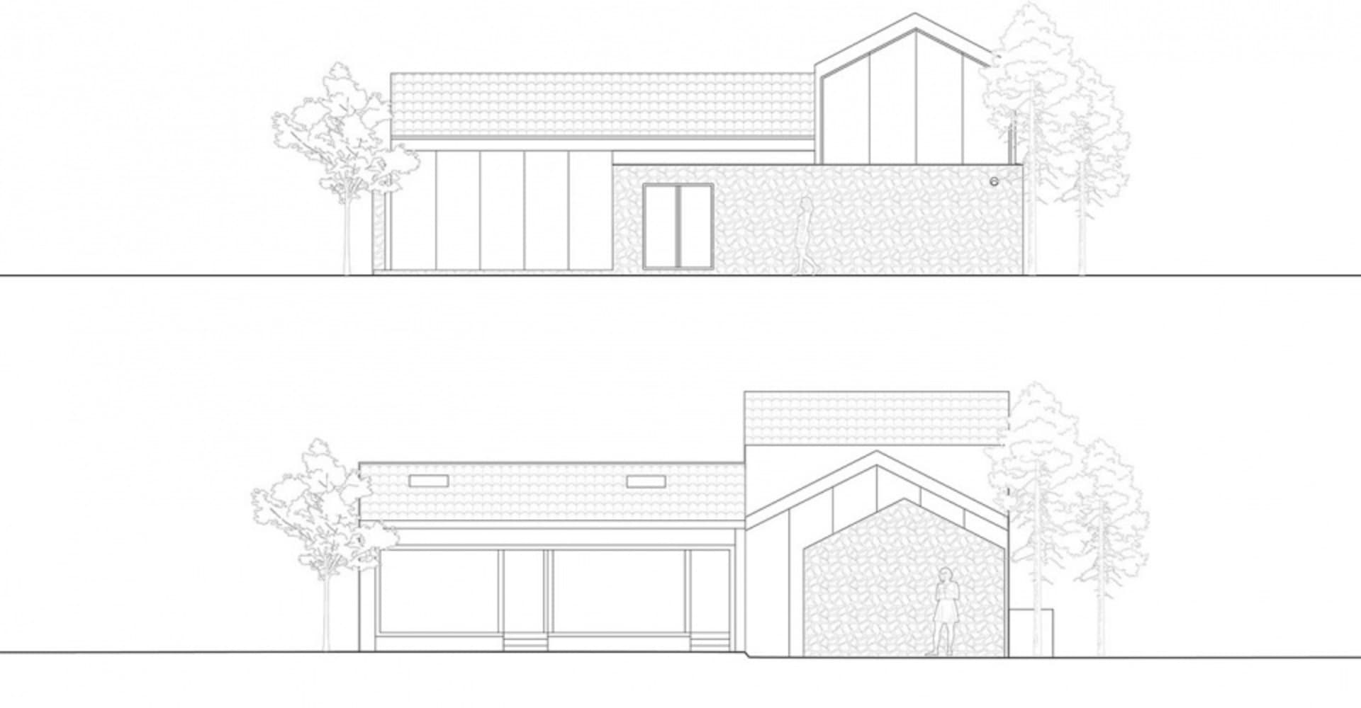 A modern exterior design featuring a metal roof with a gable structure.