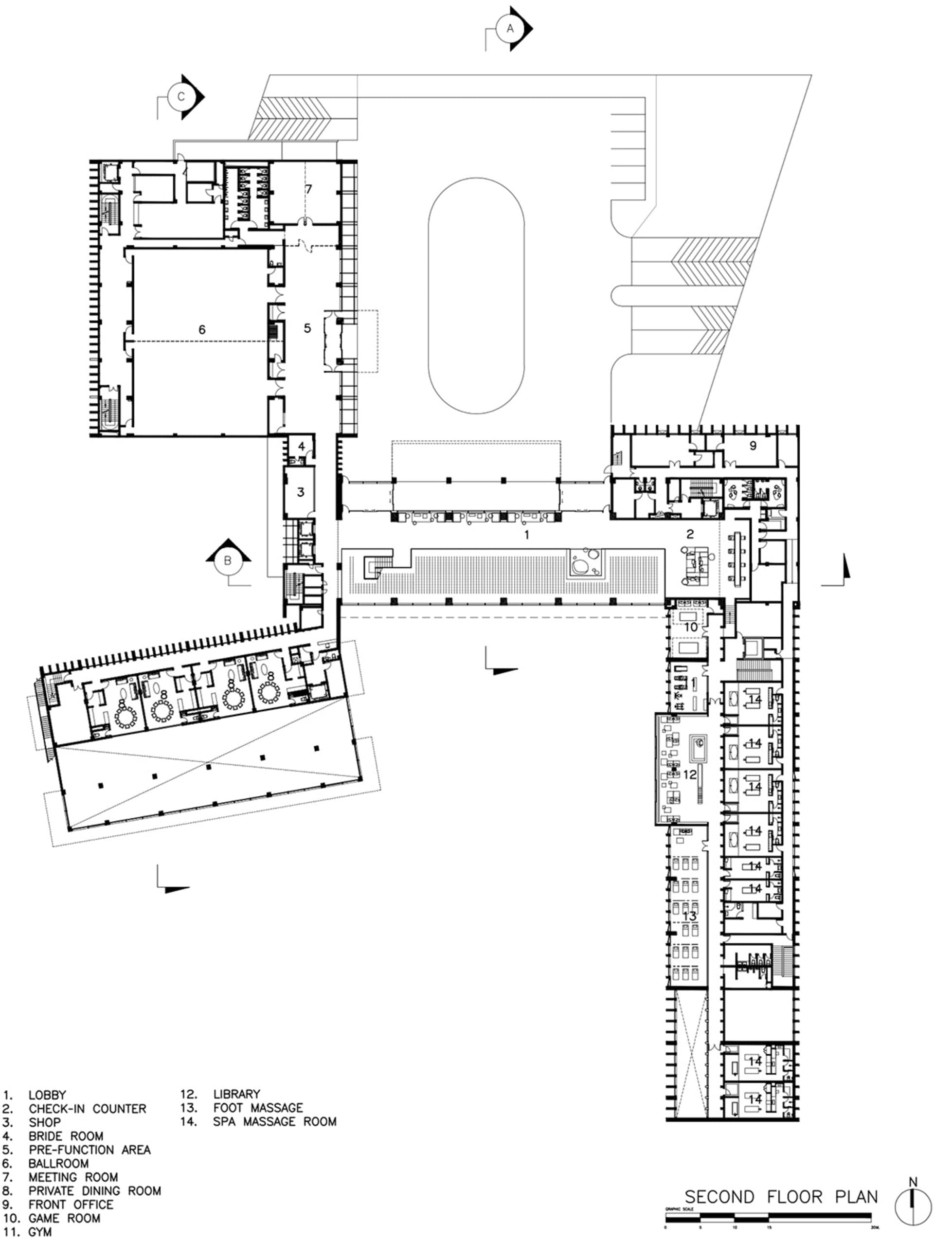 黑白建築圖，呈現飯店二樓的空間配置。