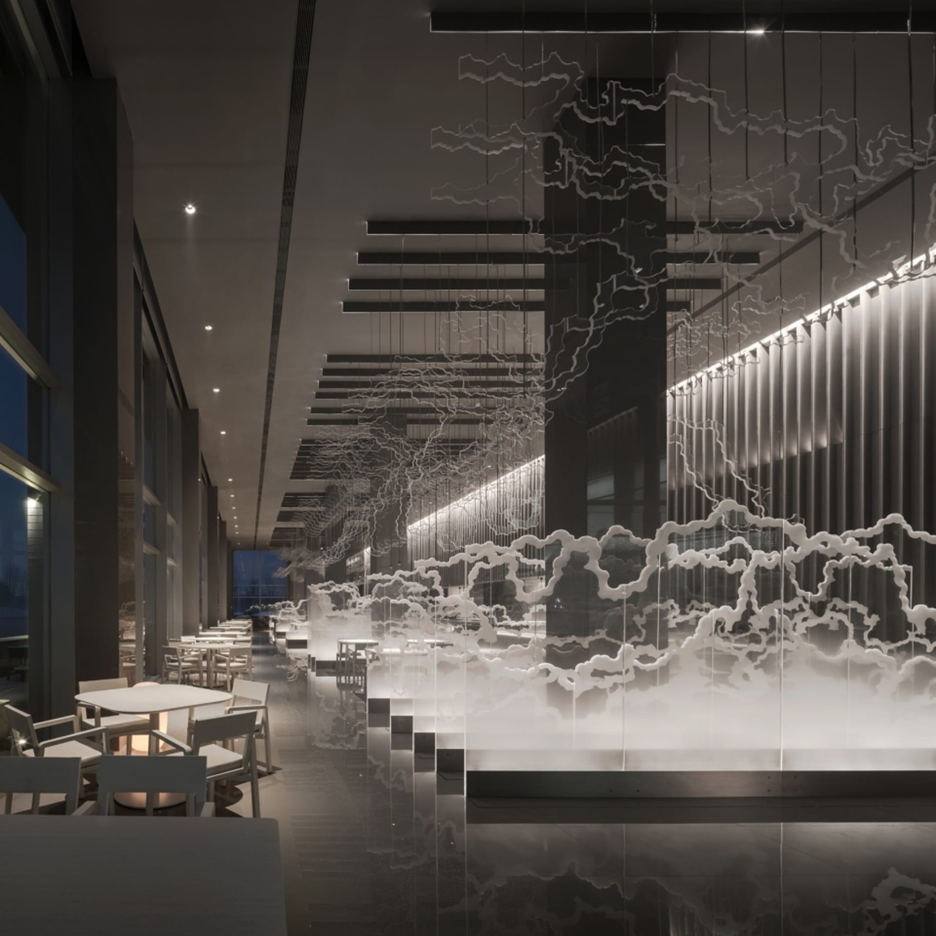 A modern restaurant interior featuring a metal, glass, and cloud-structured design with tables and chairs.