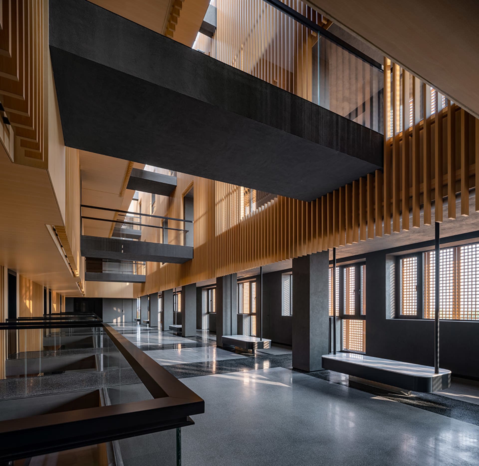 Industrial-style office space featuring wooden materials.