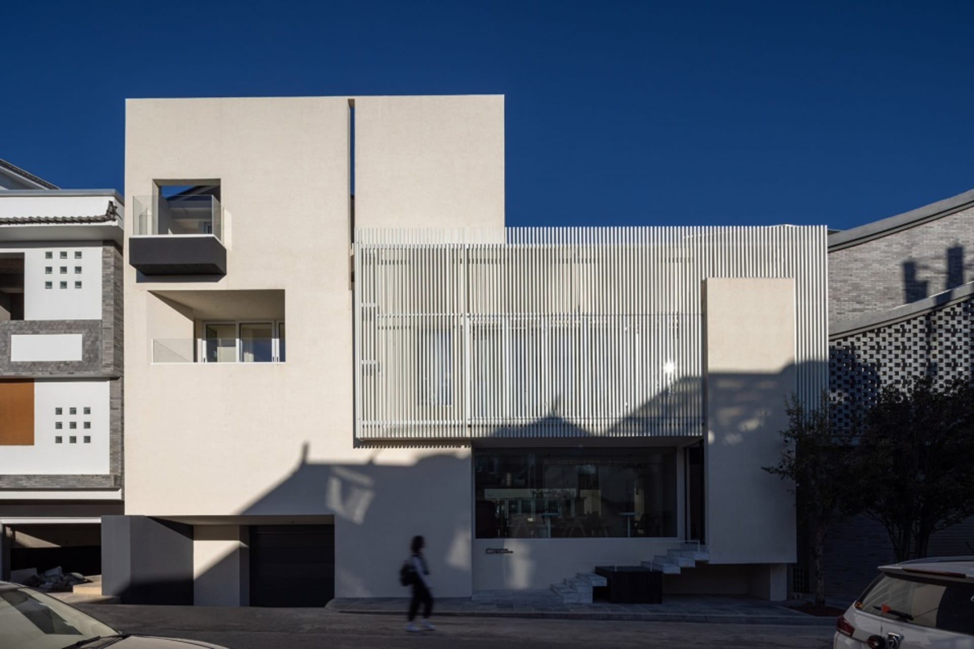 Modern building facade with concrete and glass elements