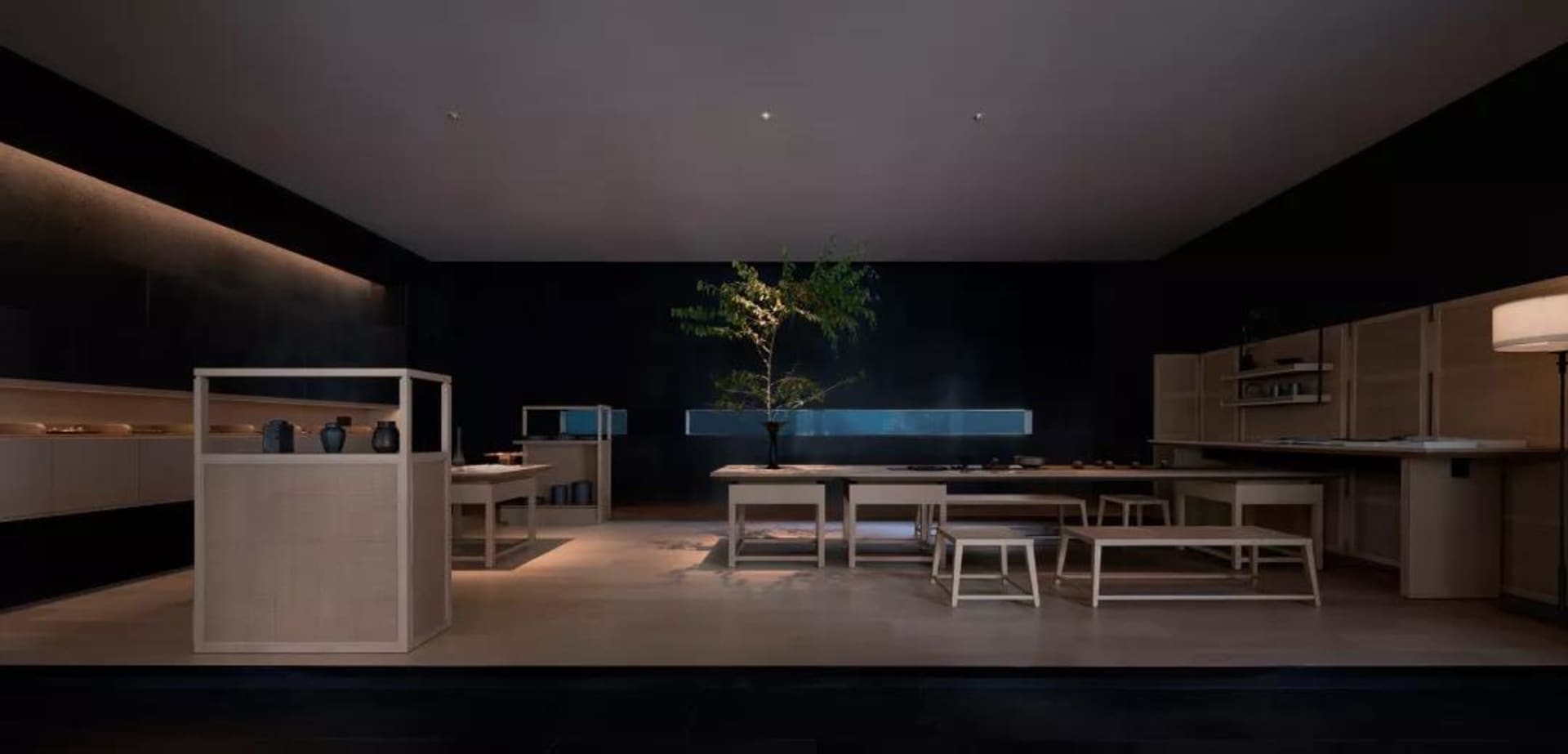 A modern kitchen with wooden and glass elements, featuring a minimalist design.