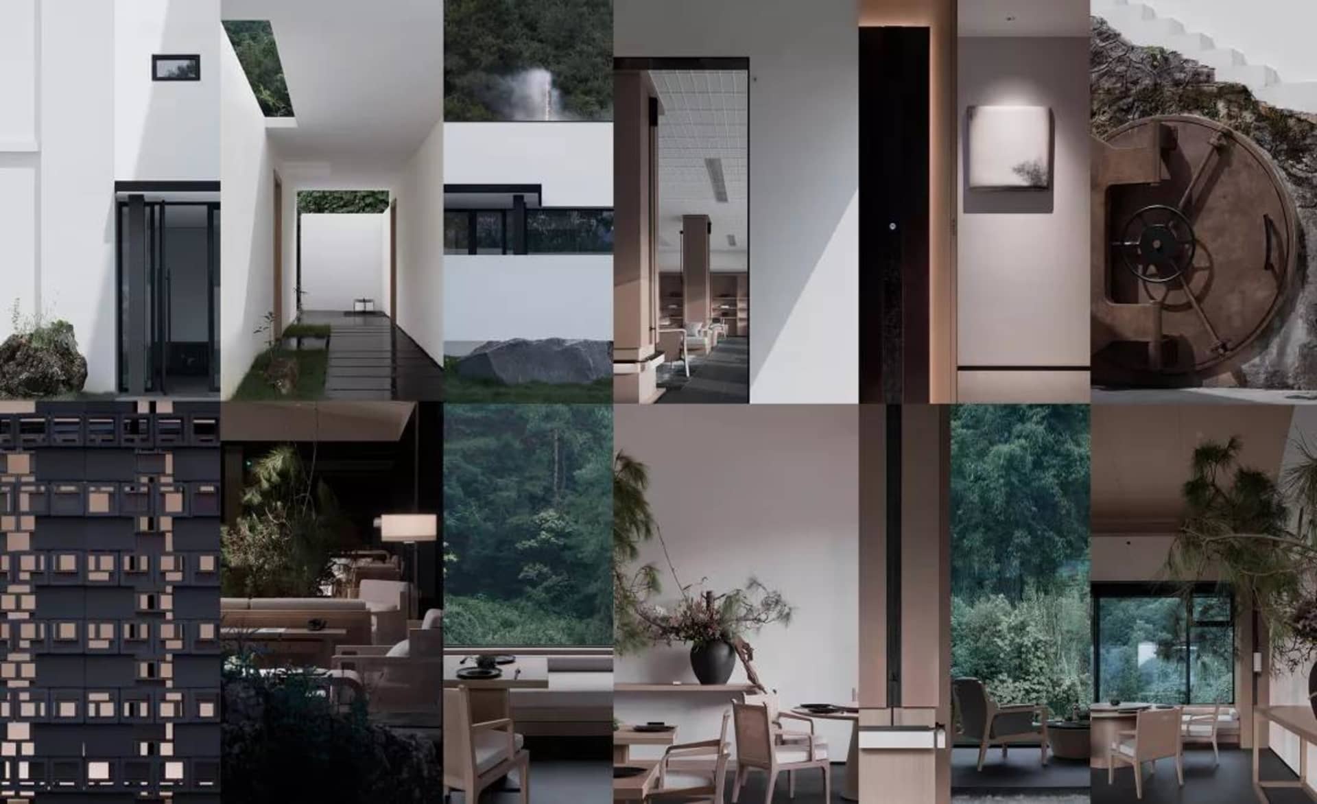 Modern minimalist living room featuring wooden furniture and concrete walls