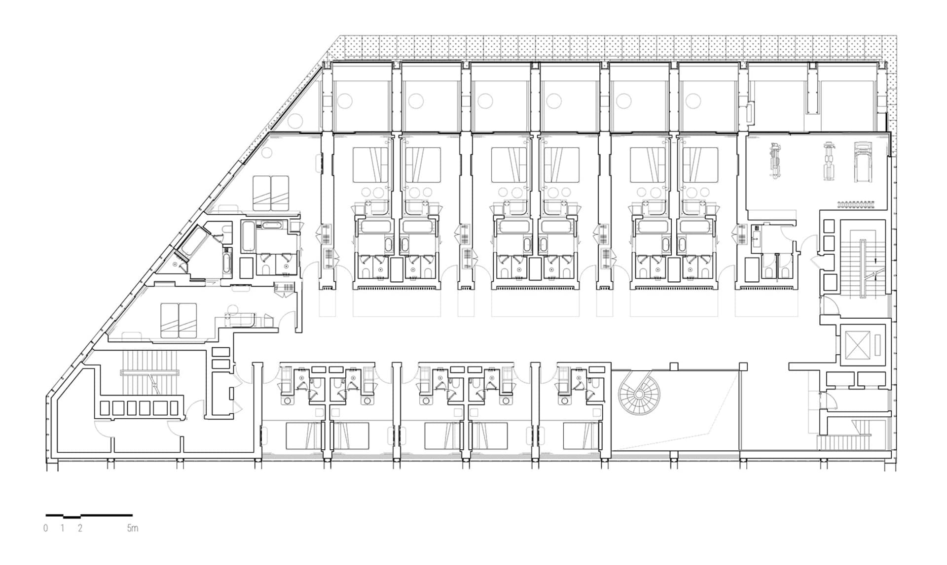 2D architectural drawing of an office floor plan made with graphite on paper.