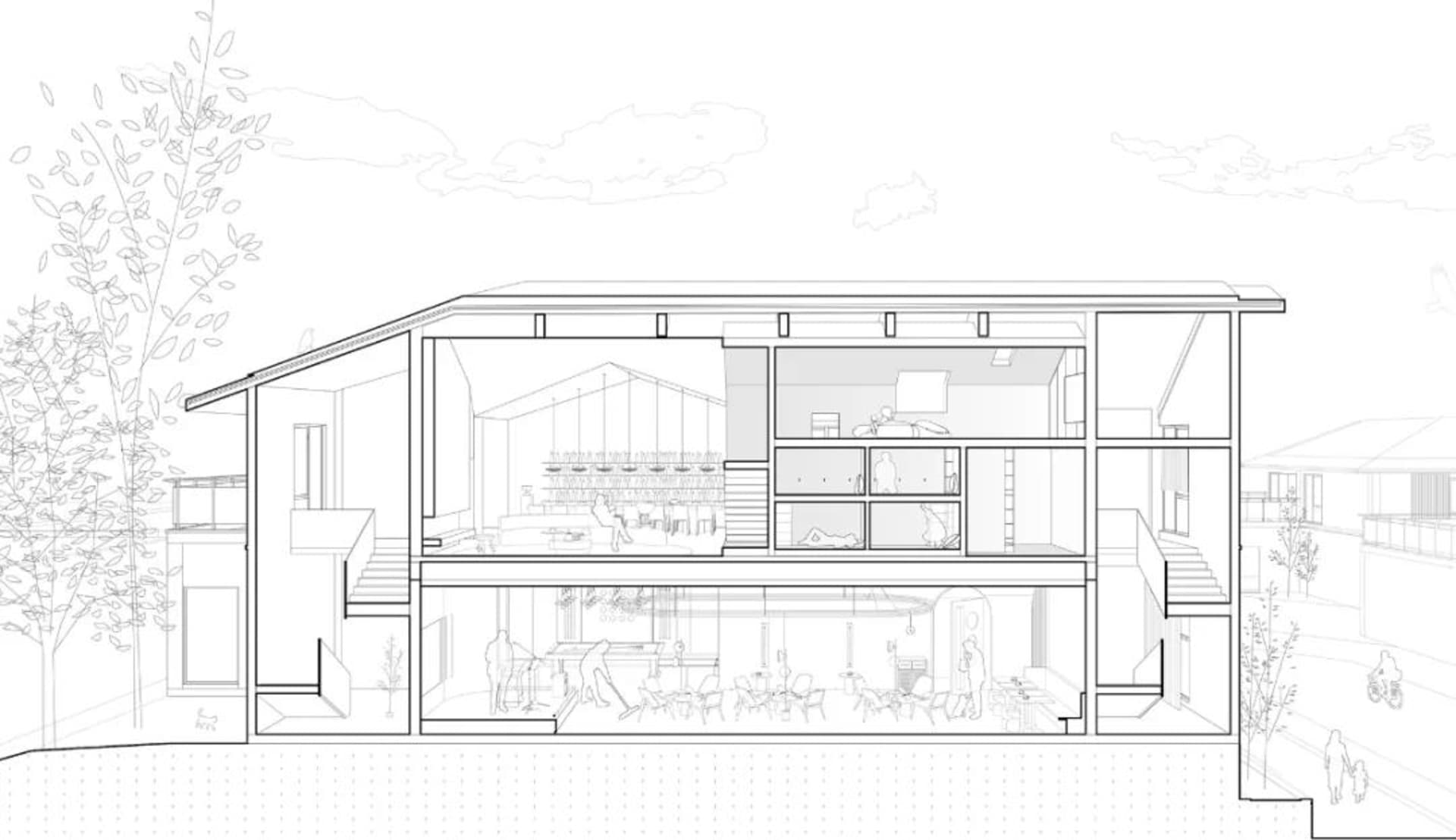 Cross-sectional diagram of a modern residential interior showing various design elements and spaces.
