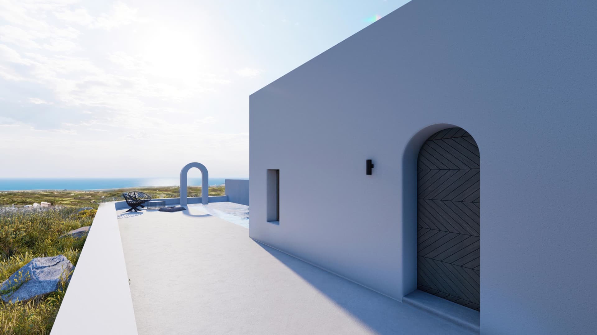 A minimalist architecture with concrete walls and a stunning view of the landscape.
