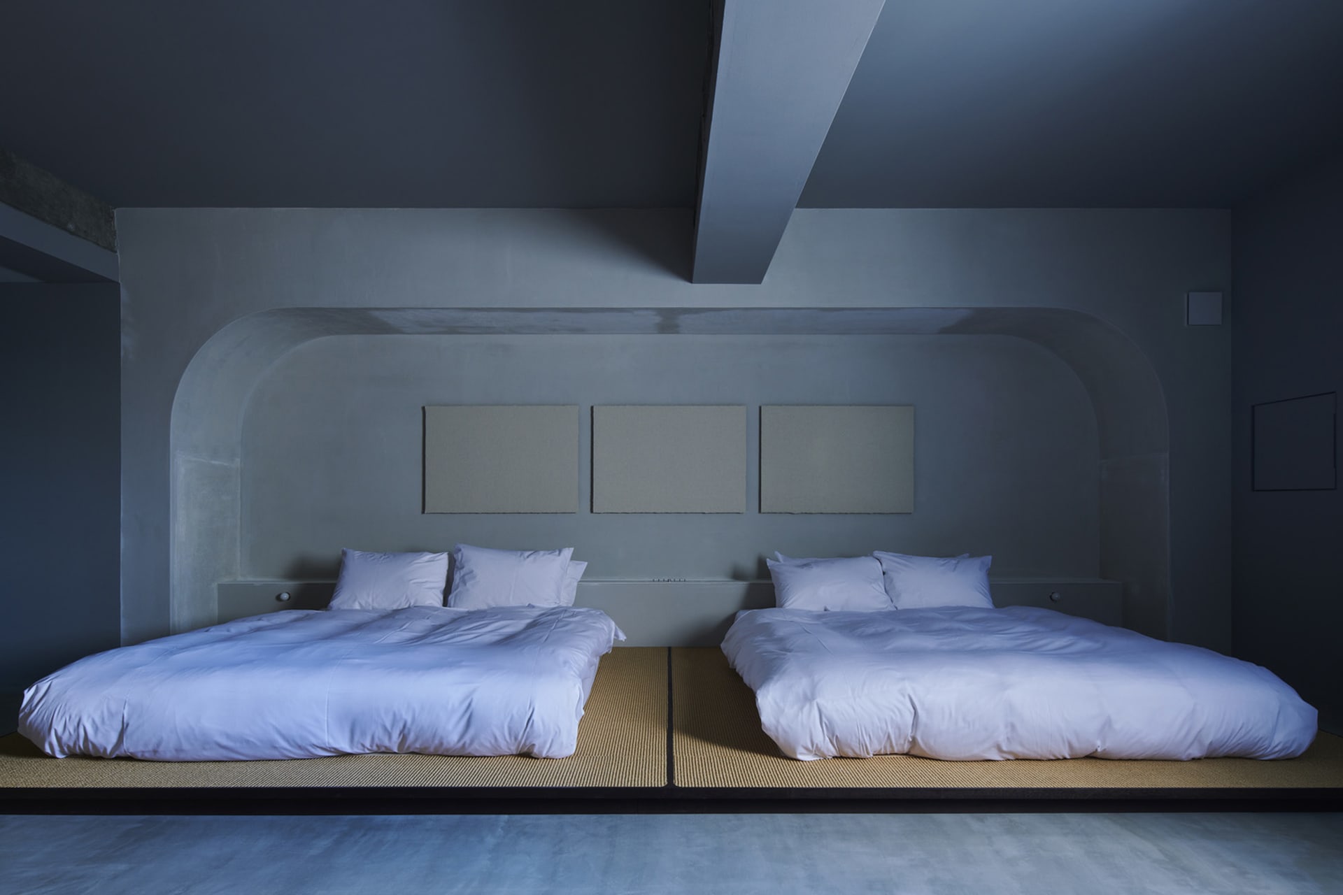 Two minimalist beds in a residential spa setting, featuring concrete flooring.