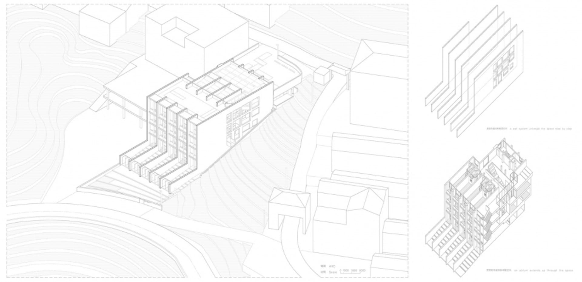 A modern building depicted in an isometric wireframe view, showing structural and spatial relationships.