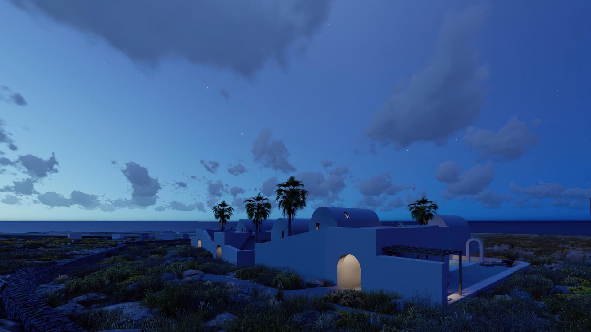A nighttime rendering of a Santorini-style residential architecture with concrete walls and palm trees.