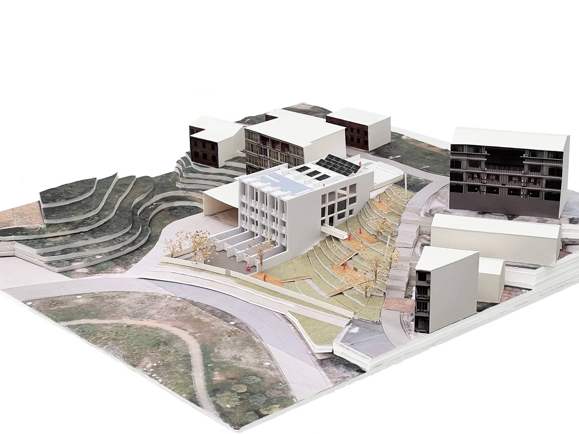 A perspective view of modern architectural designs featuring concrete and glass materials.