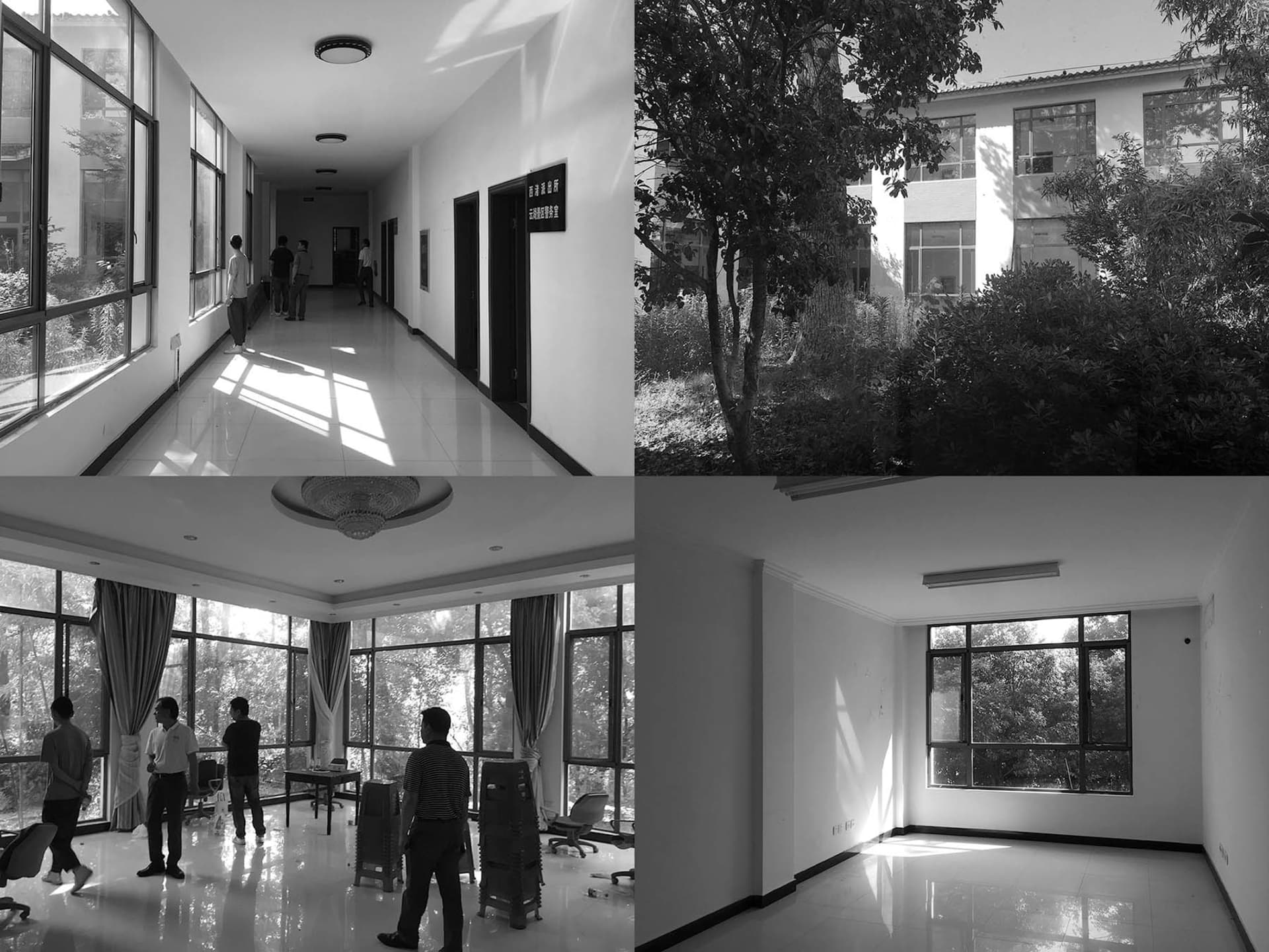 現代辦公室室內空間，搭配白瓷磚與混凝土牆面及地板。