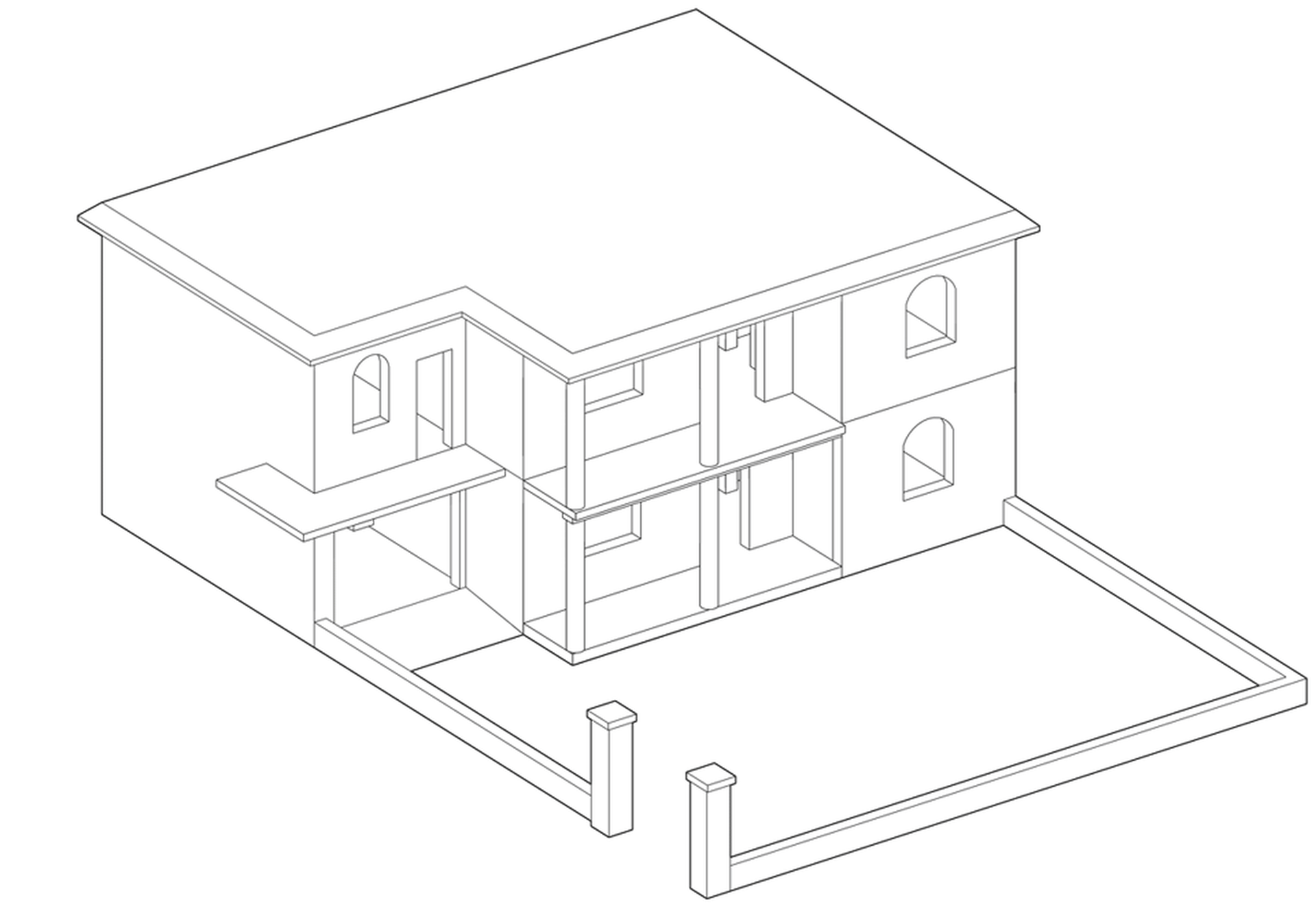 A technical drawing of a house showing its architectural features.