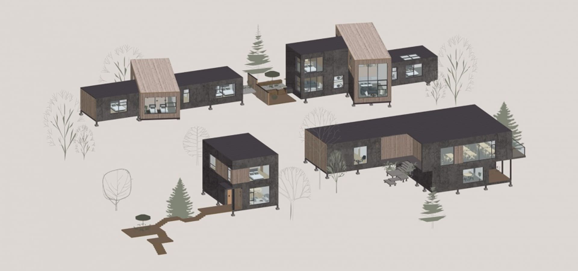 Modern residential homes designed with a combination of wood and metal materials, showcasing contemporary architectural style