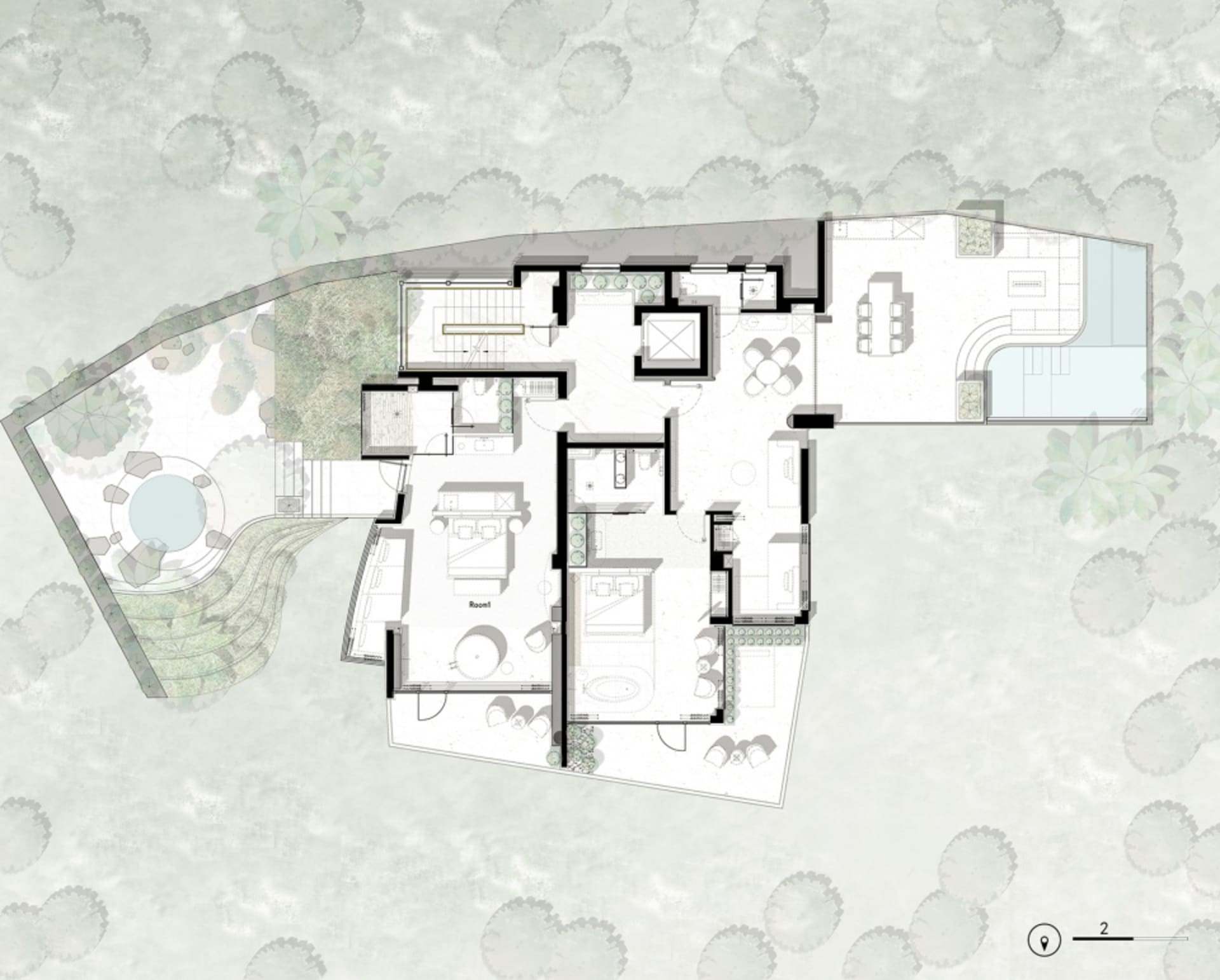 現代住宅室內平面圖,採用白色、黑色與玻璃材質。