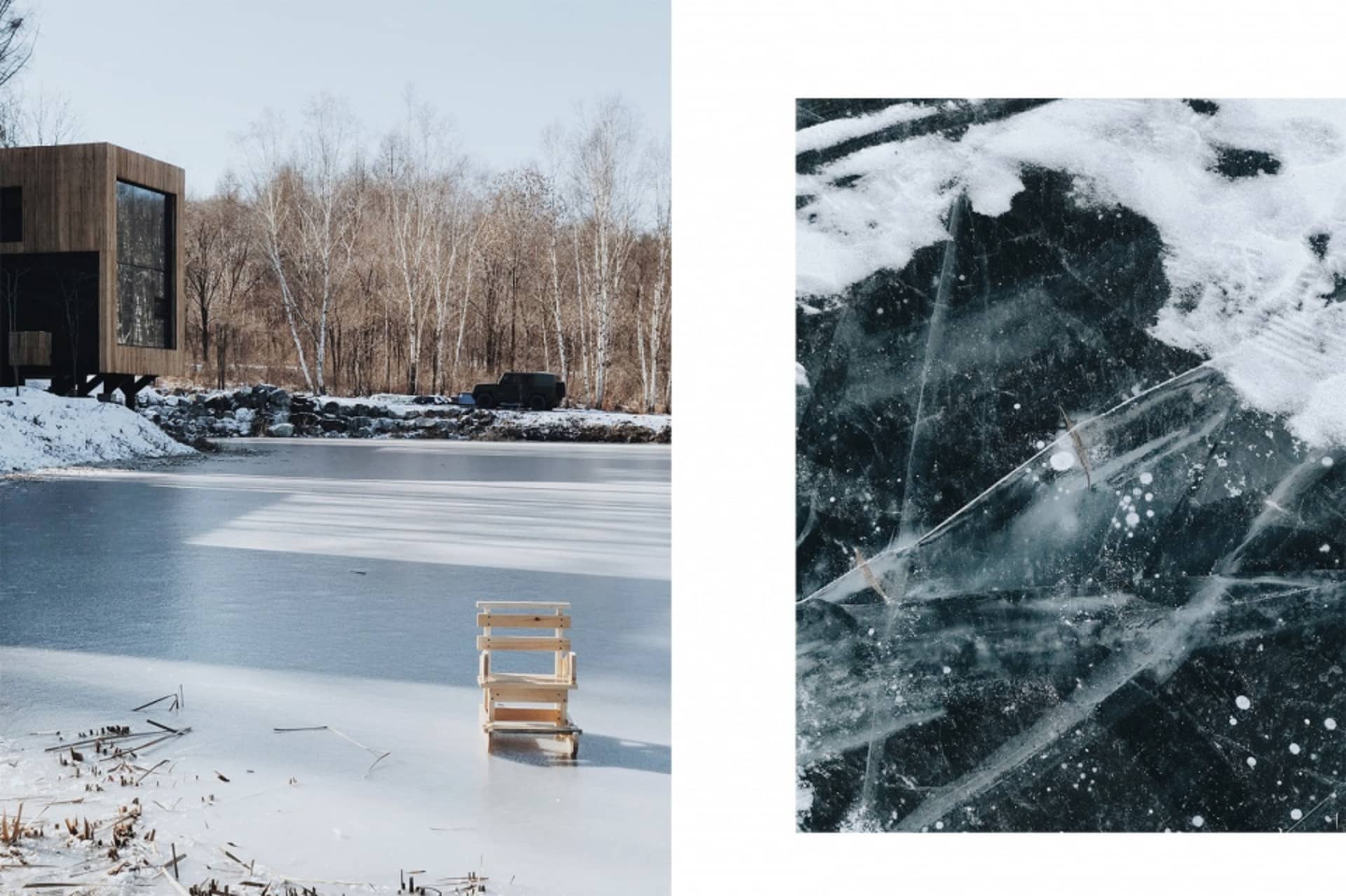 A wooden structure elevated above a frozen lake, surrounded by snow and trees. Ice patterns are visible through the transpare