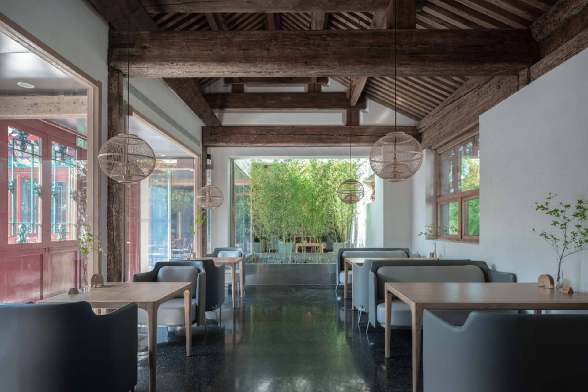 現代餐廳室內,搭配混凝土地板與竹子植栽。