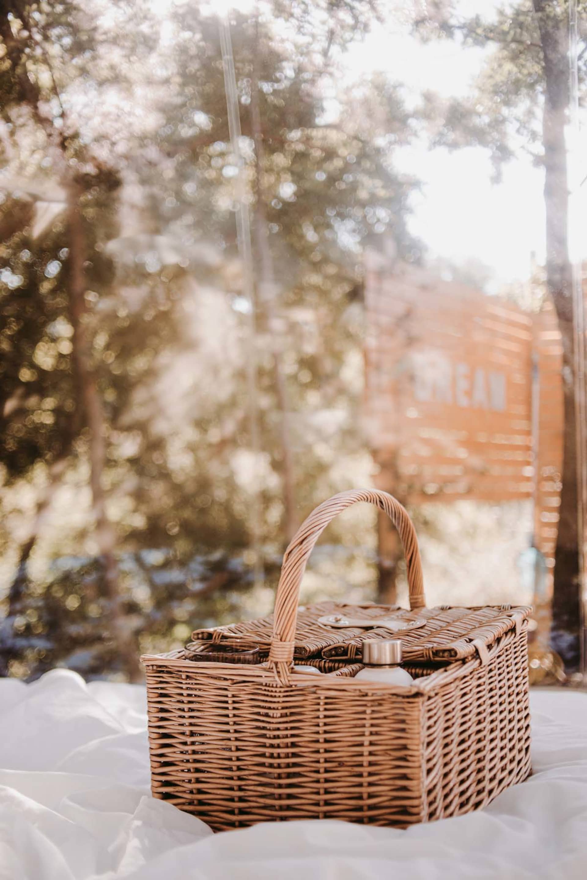 A woven picnic basket containing items, placed in a low-light setting with trees in the background.