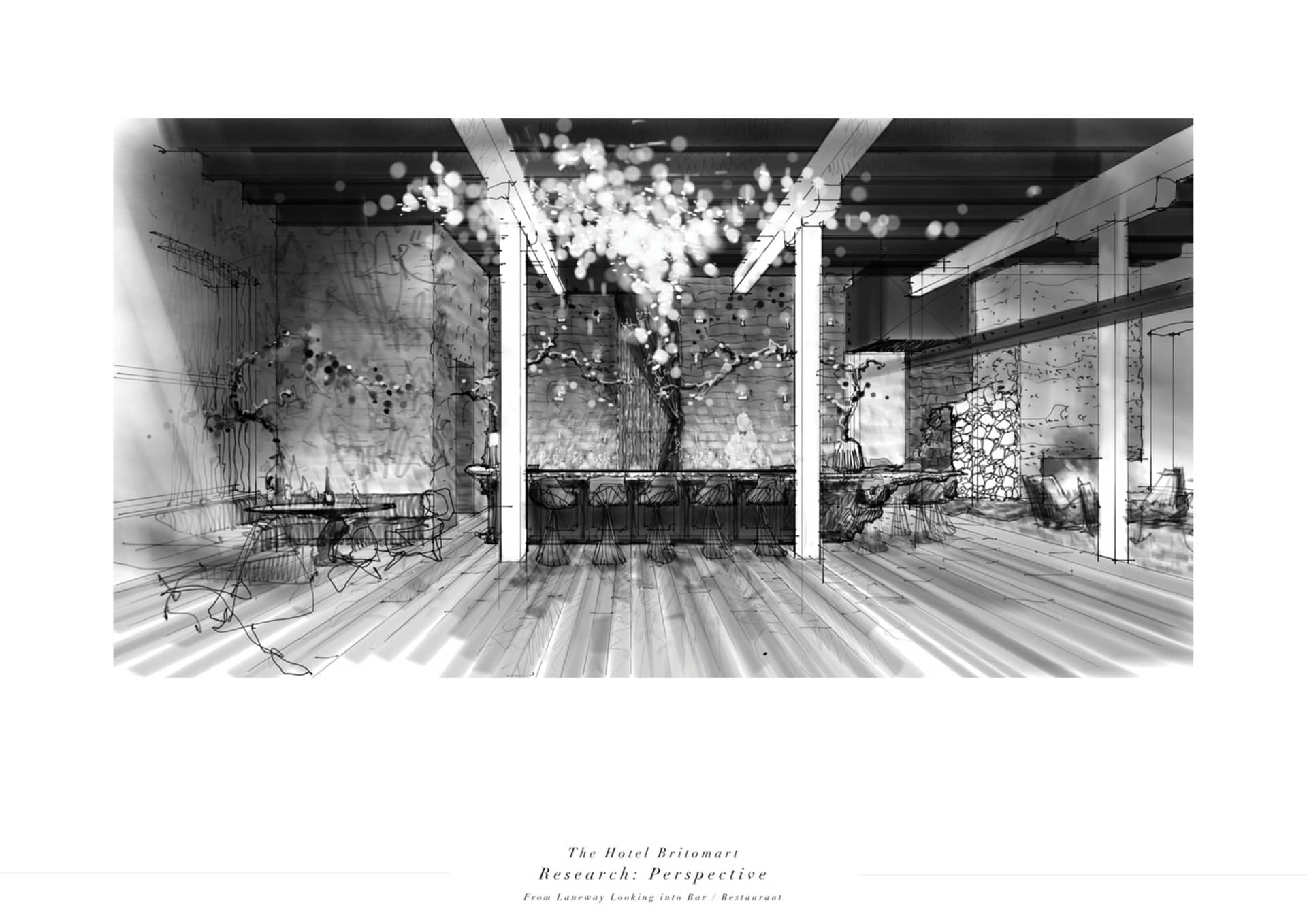 酒店餐酒吧室內渲染圖，展示燈具、座位區與中央吧台。