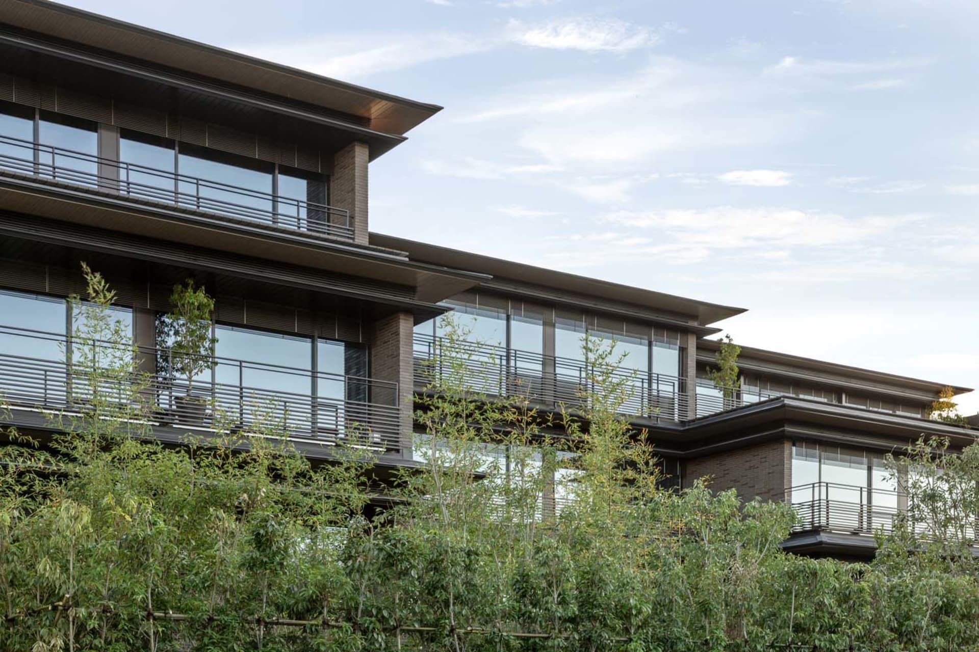 Modern building with glass facade and brick exterior