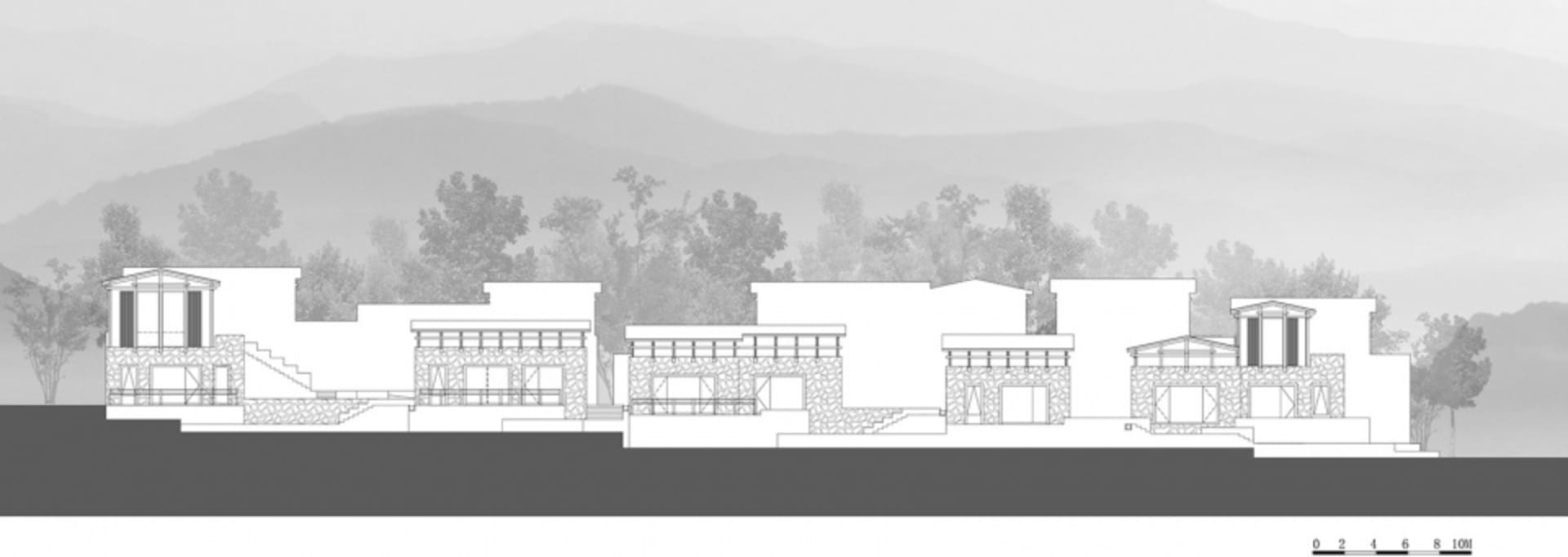 一座兩層樓的現代住宅增建，擁有混凝土牆面與平屋頂。
