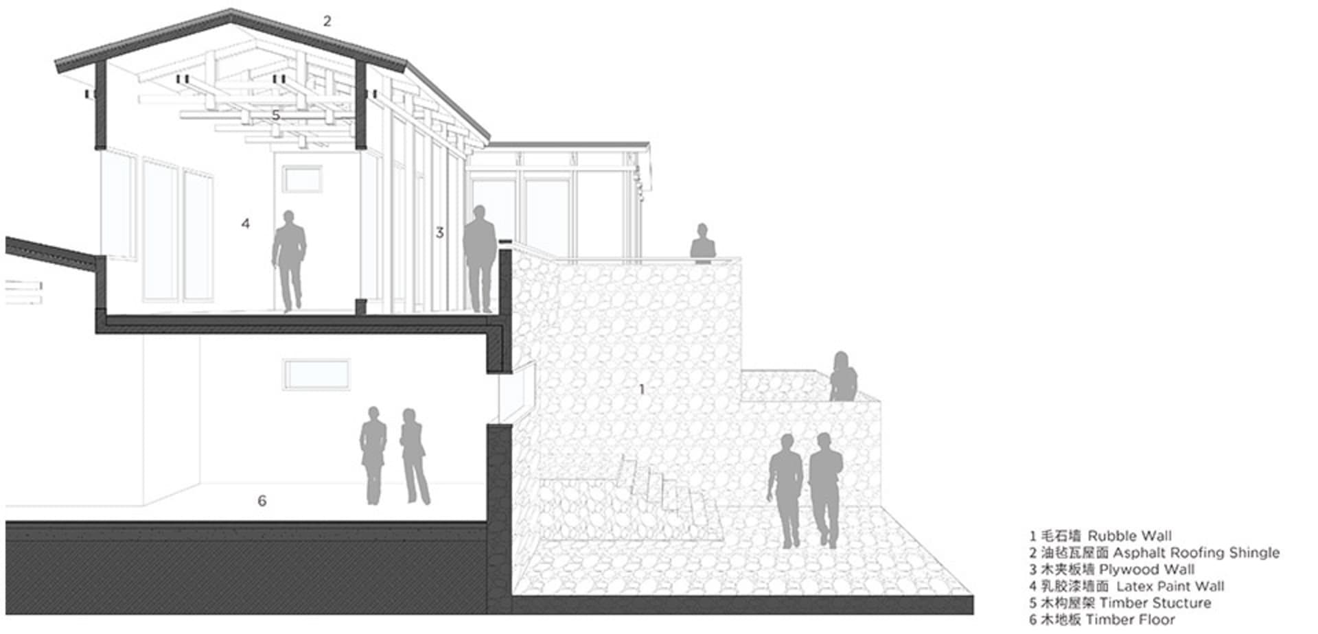 Cross-sectional diagram of a modern interior design featuring stone tiles and various architectural elements.