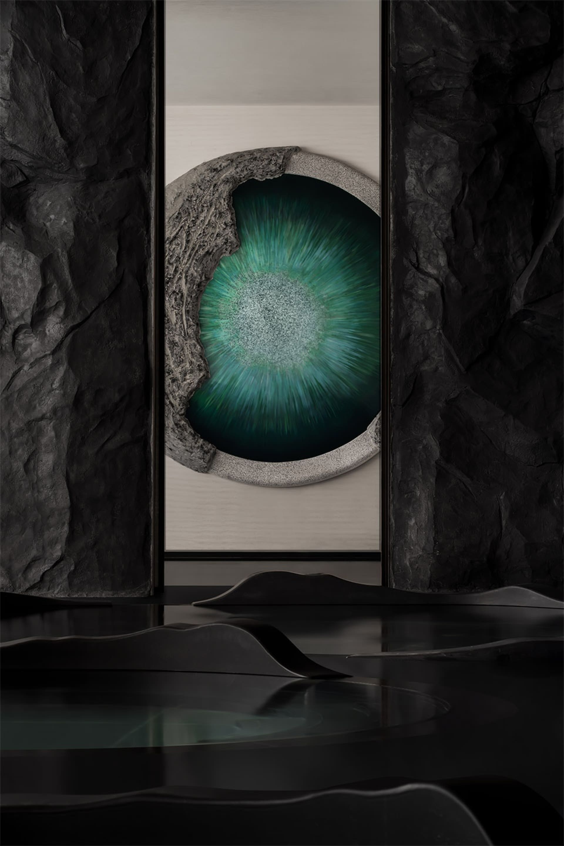 A modern industrial design object featuring a metallic and weathered rustic finish.