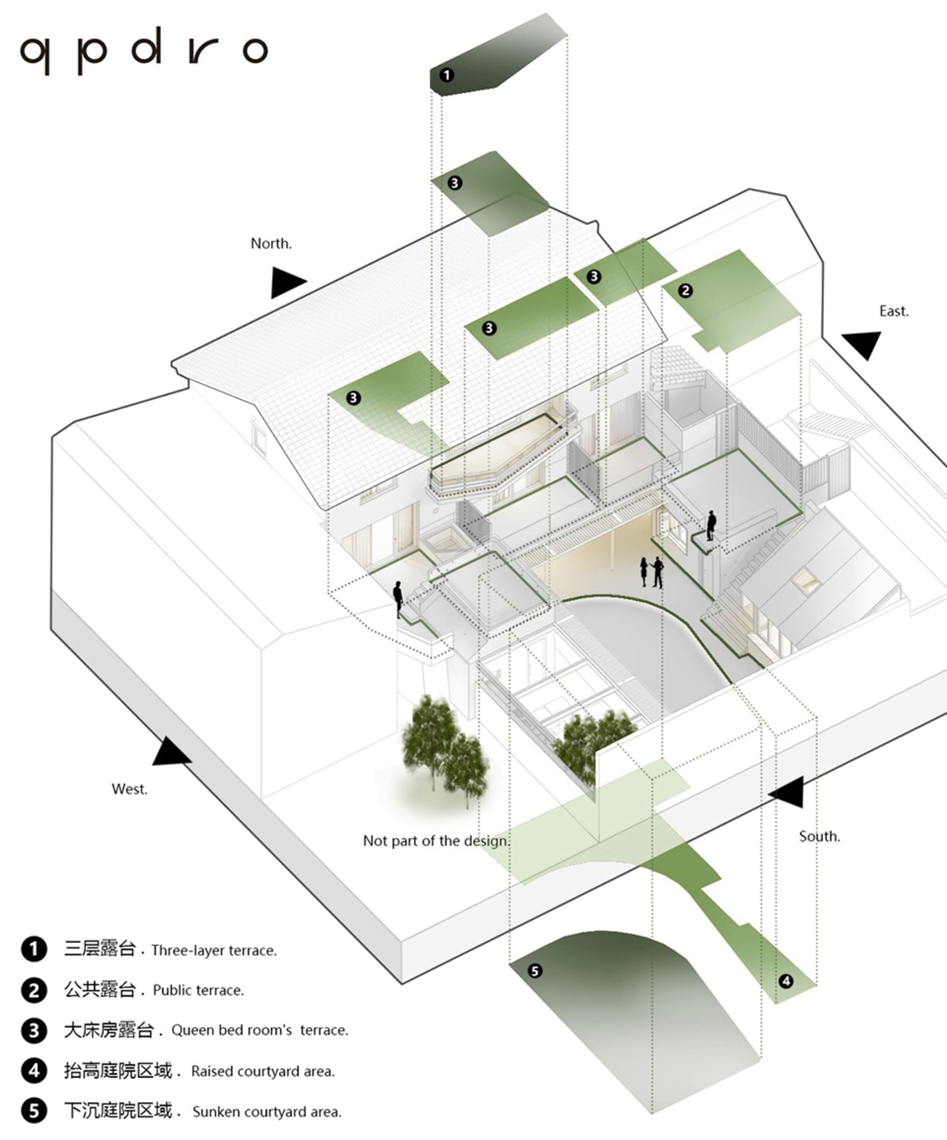 Modern residential floor plan featuring concrete elements and outdoor terraces.