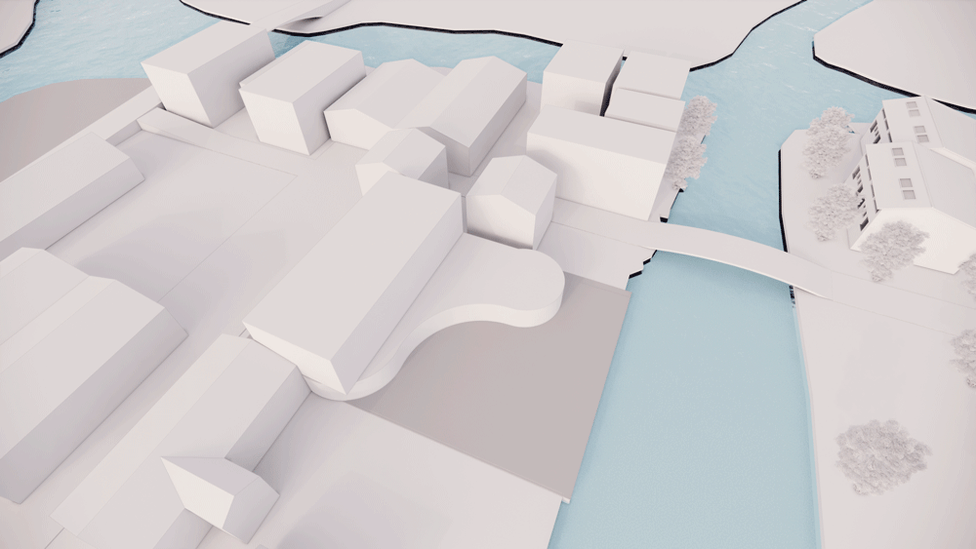 城市街區與水道的3D模型，包含樹木與建築物。