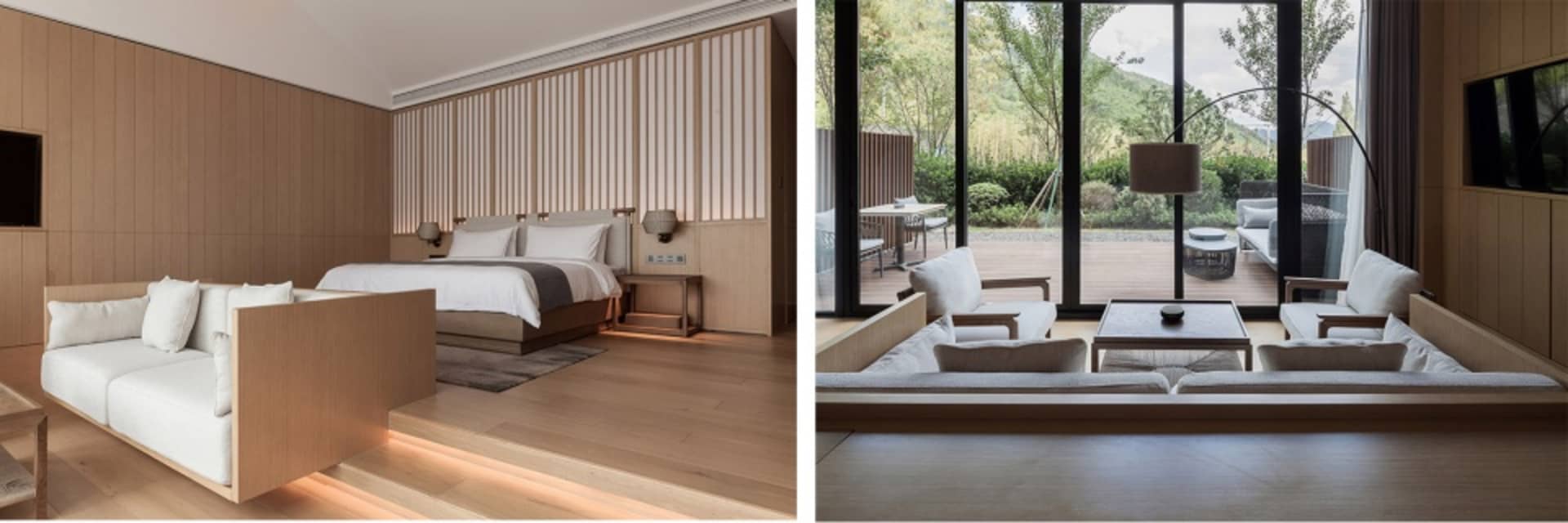 Modern minimalist living room with white furniture and wooden walls and floor.