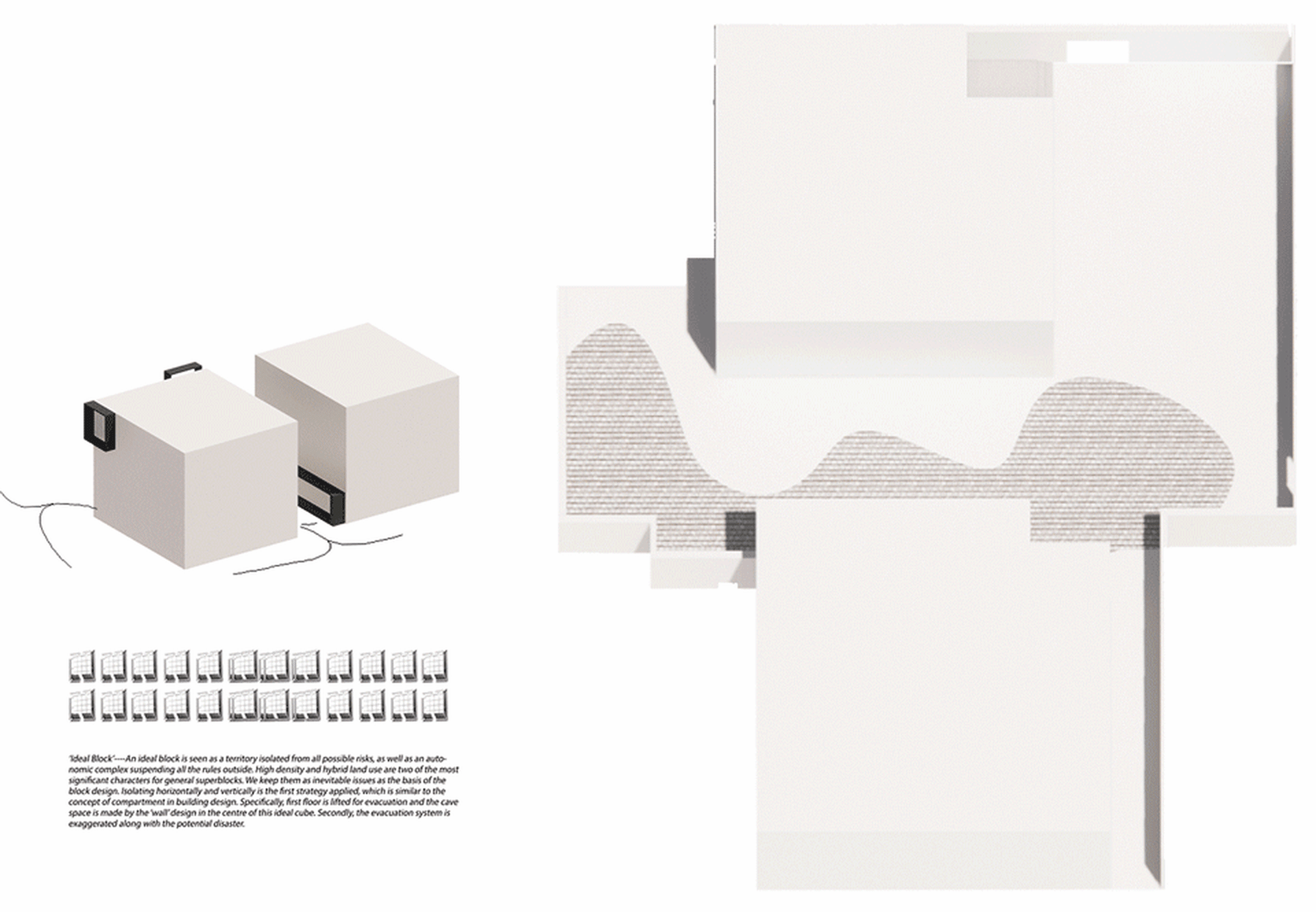 3D architectural rendering of an urban block plan with a wave-like shape and elevated first floor.