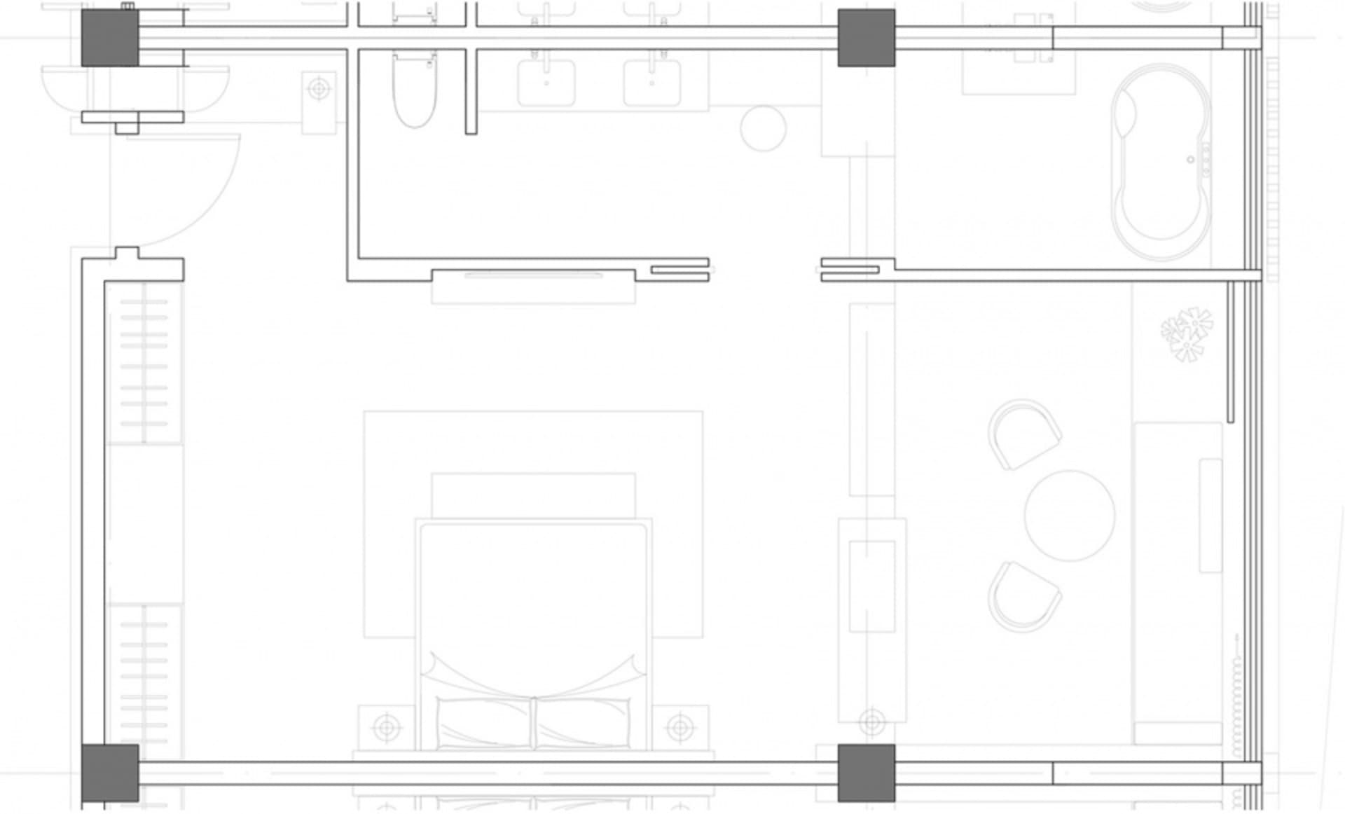 Modern apartment floor plan showing living room, bedroom, kitchen, and bathroom.