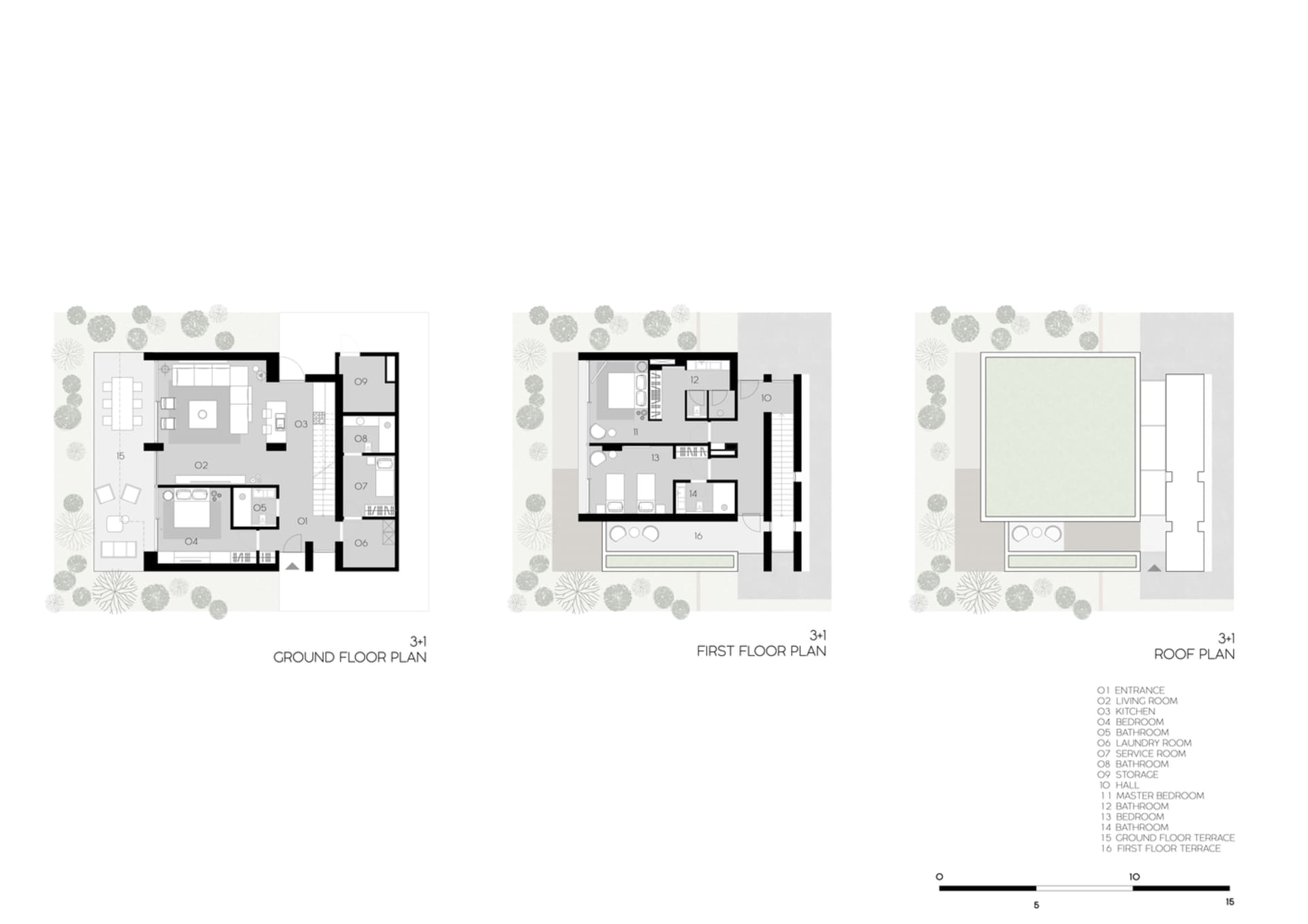 Modern residential floor plans showing ground and first floors with various rooms and terraces.