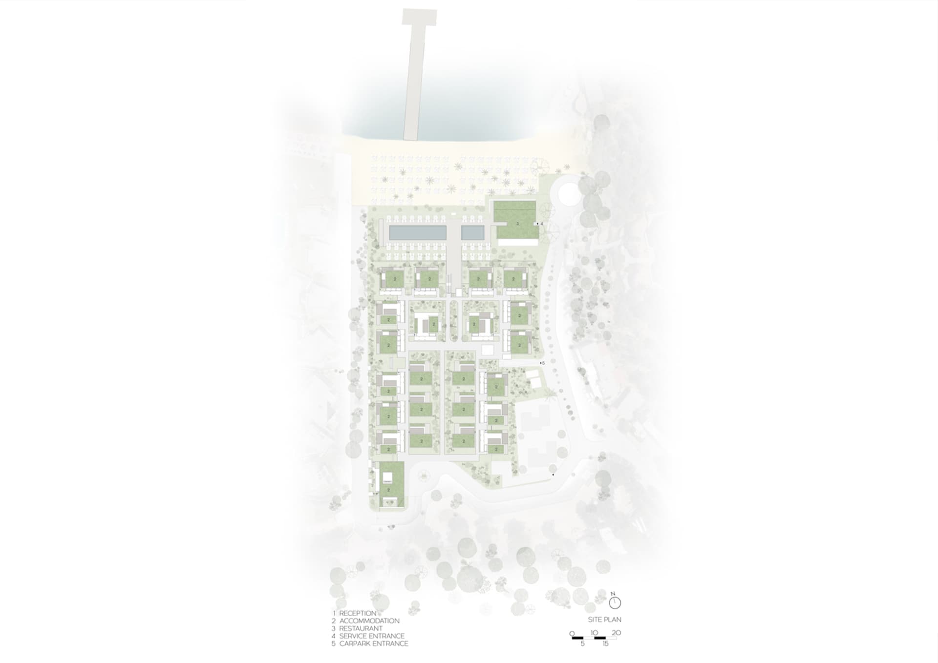 A detailed architectural site plan showing the layout of a residential area with various buildings and landscaping elements.