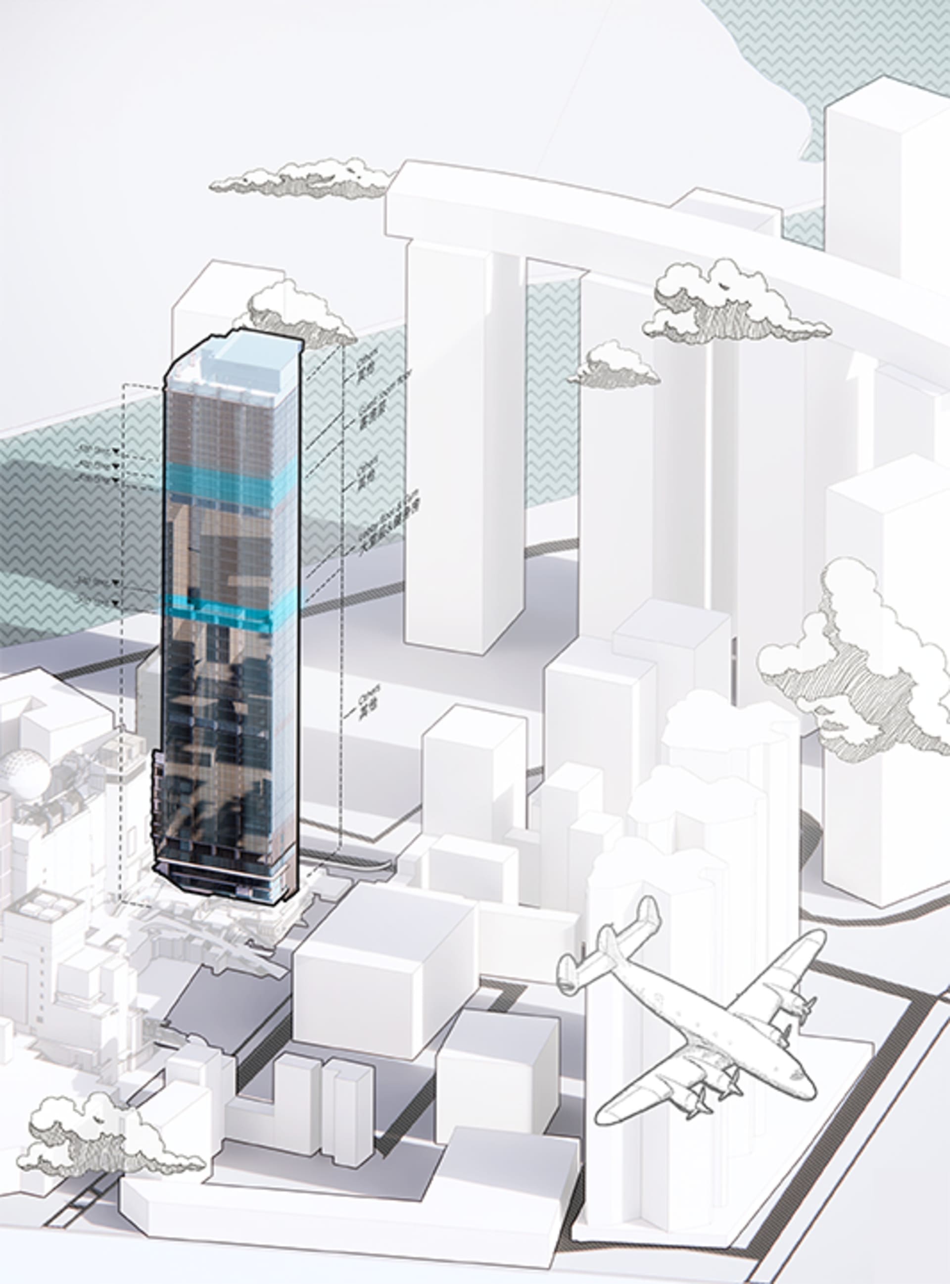 3D 建築渲染的城市景觀,包含摩天大樓與飛機